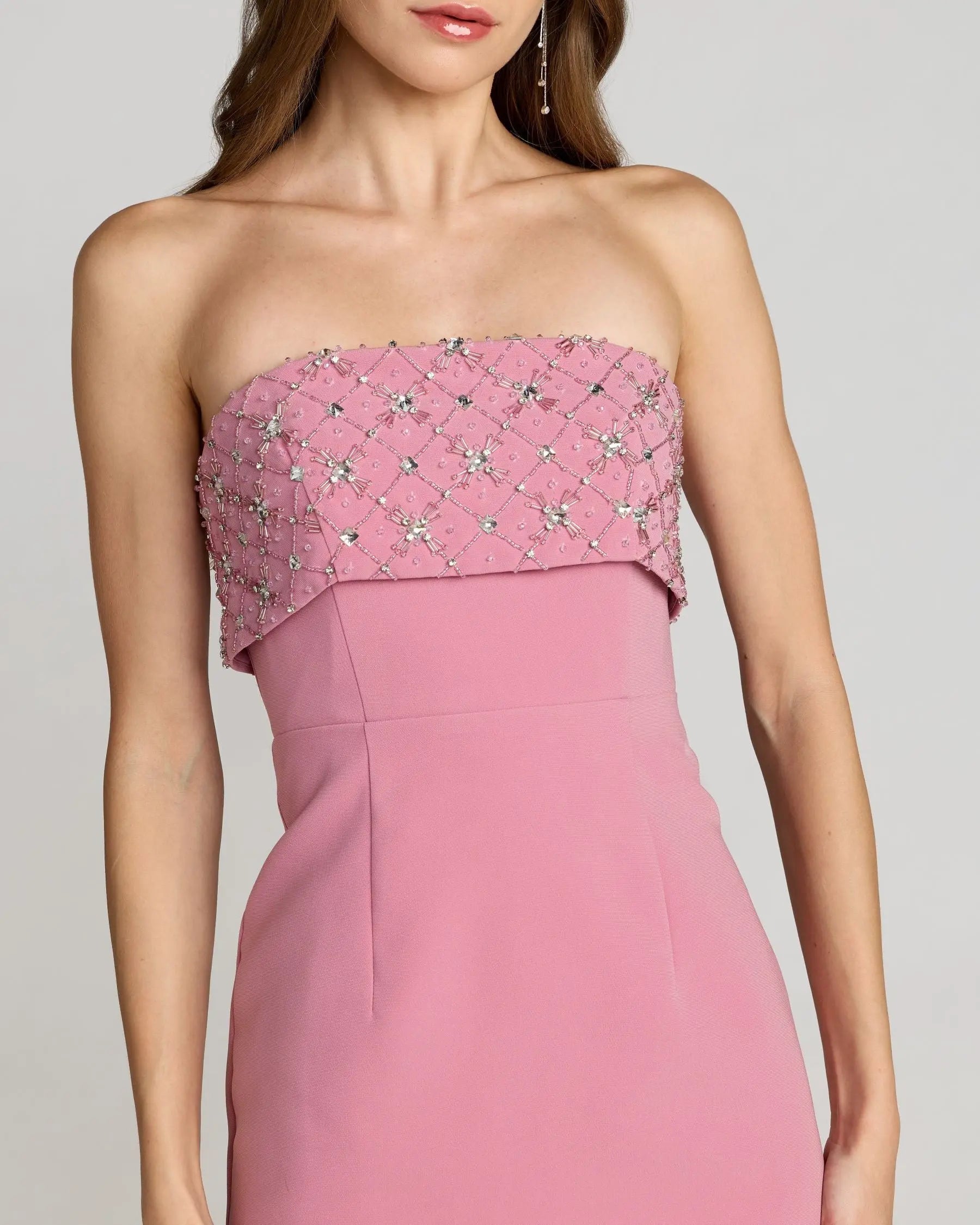Pink Strapless Crepe Midi Dress With Rhinestone Detail-Myartka