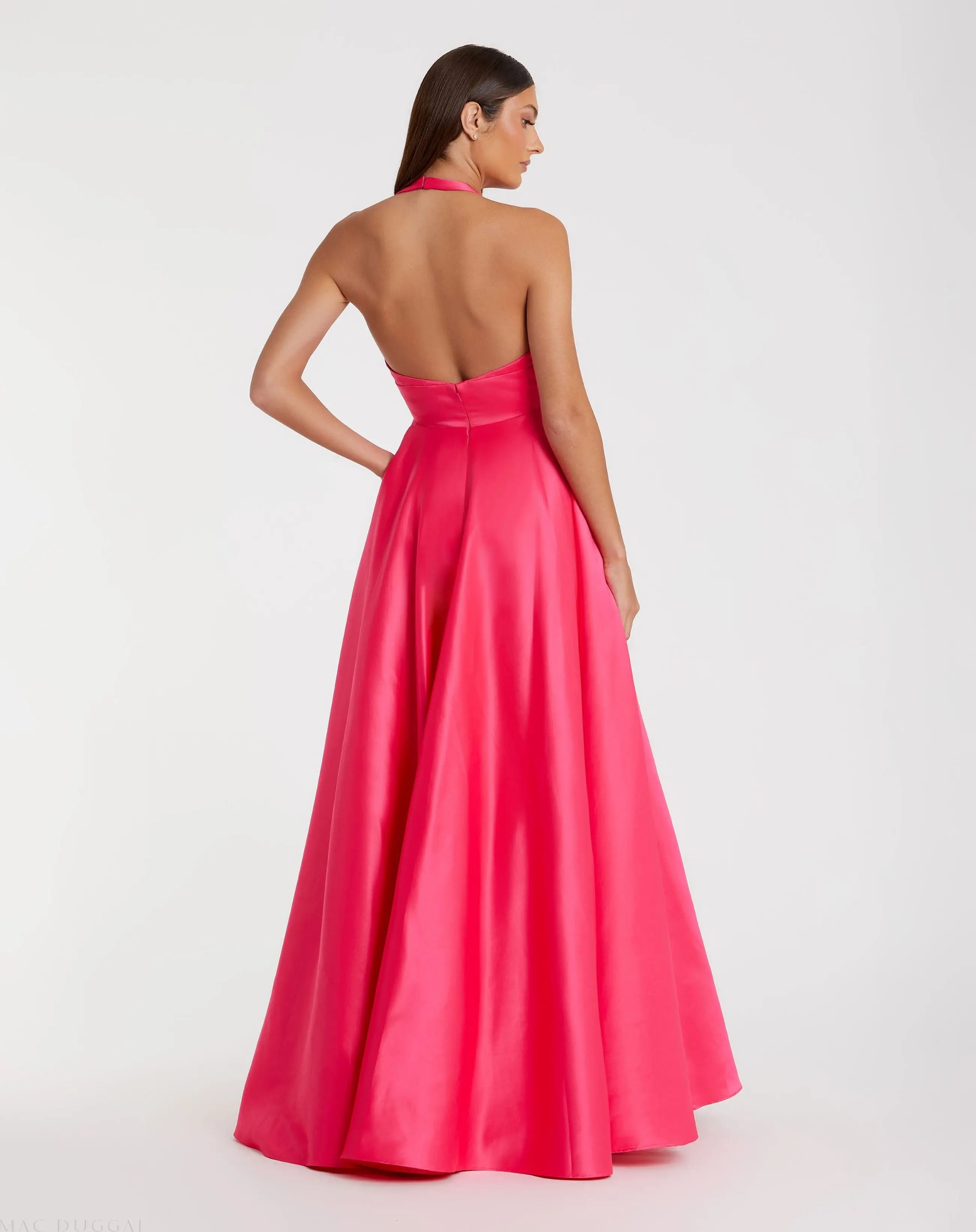 Pink Deep V Satin Ballgown with Oversized Bow-Myartka
