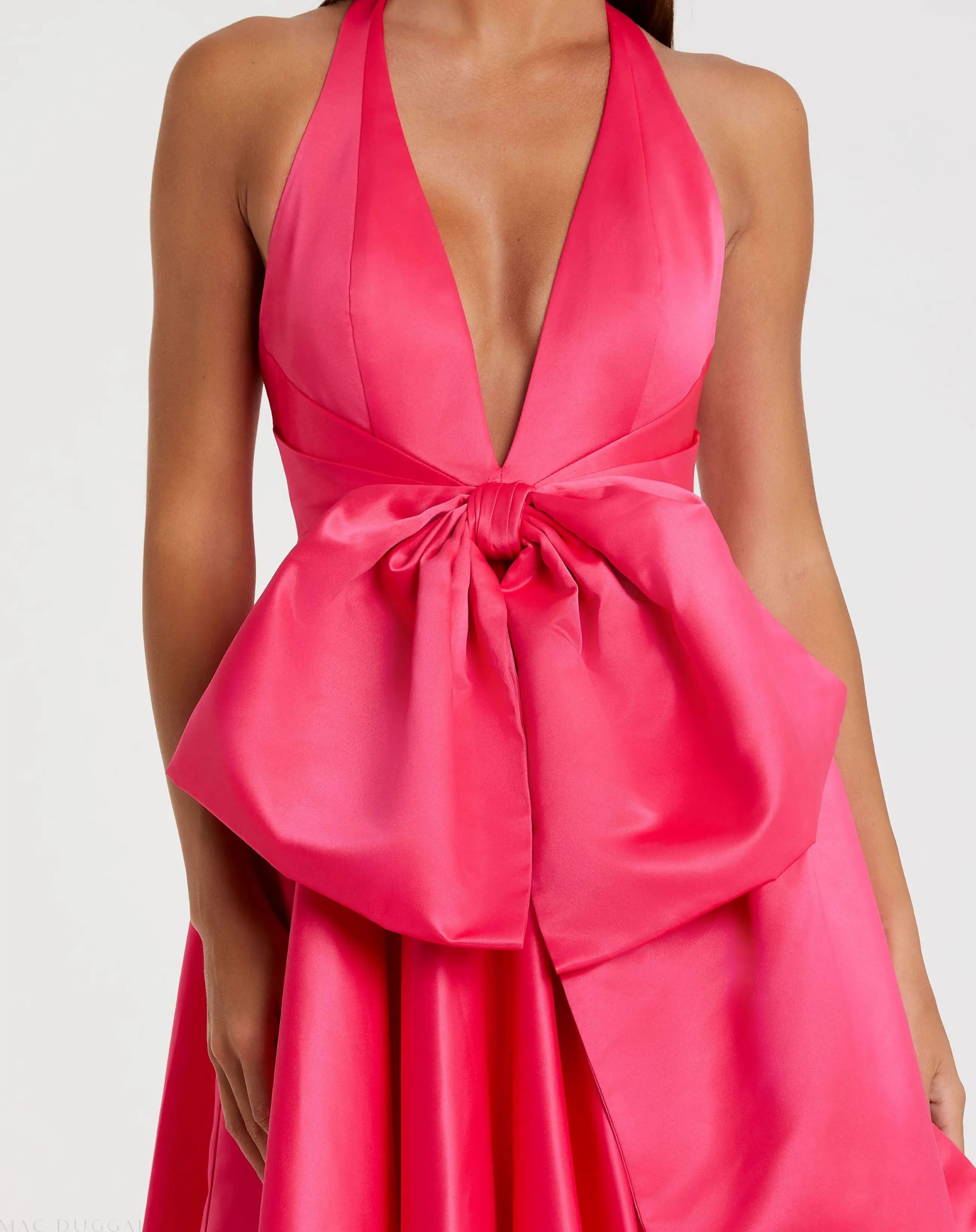 Pink Deep V Satin Ballgown with Oversized Bow-Myartka