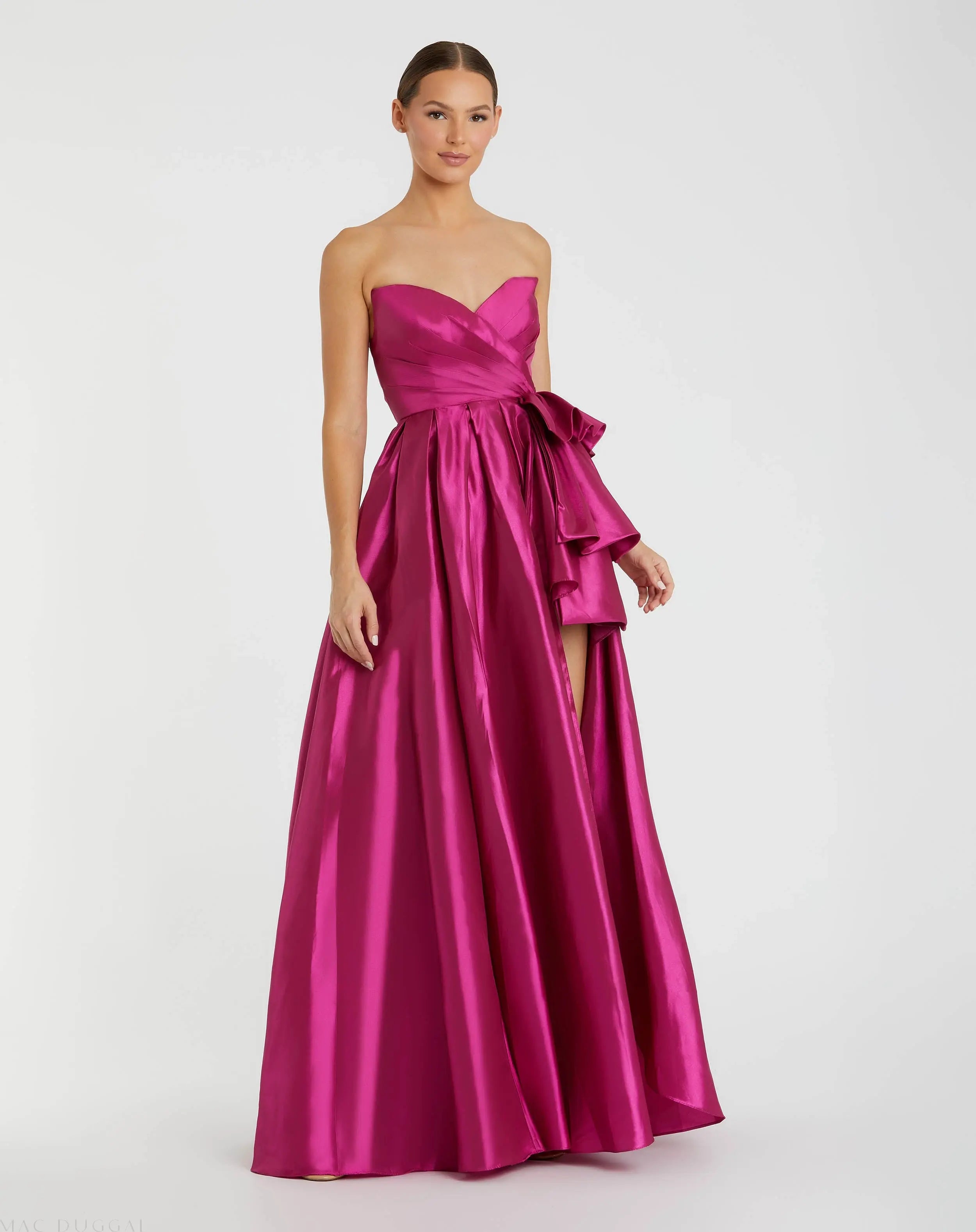 Pink Strapless Taffeta Gown with Ruffles and Slit-Myartka