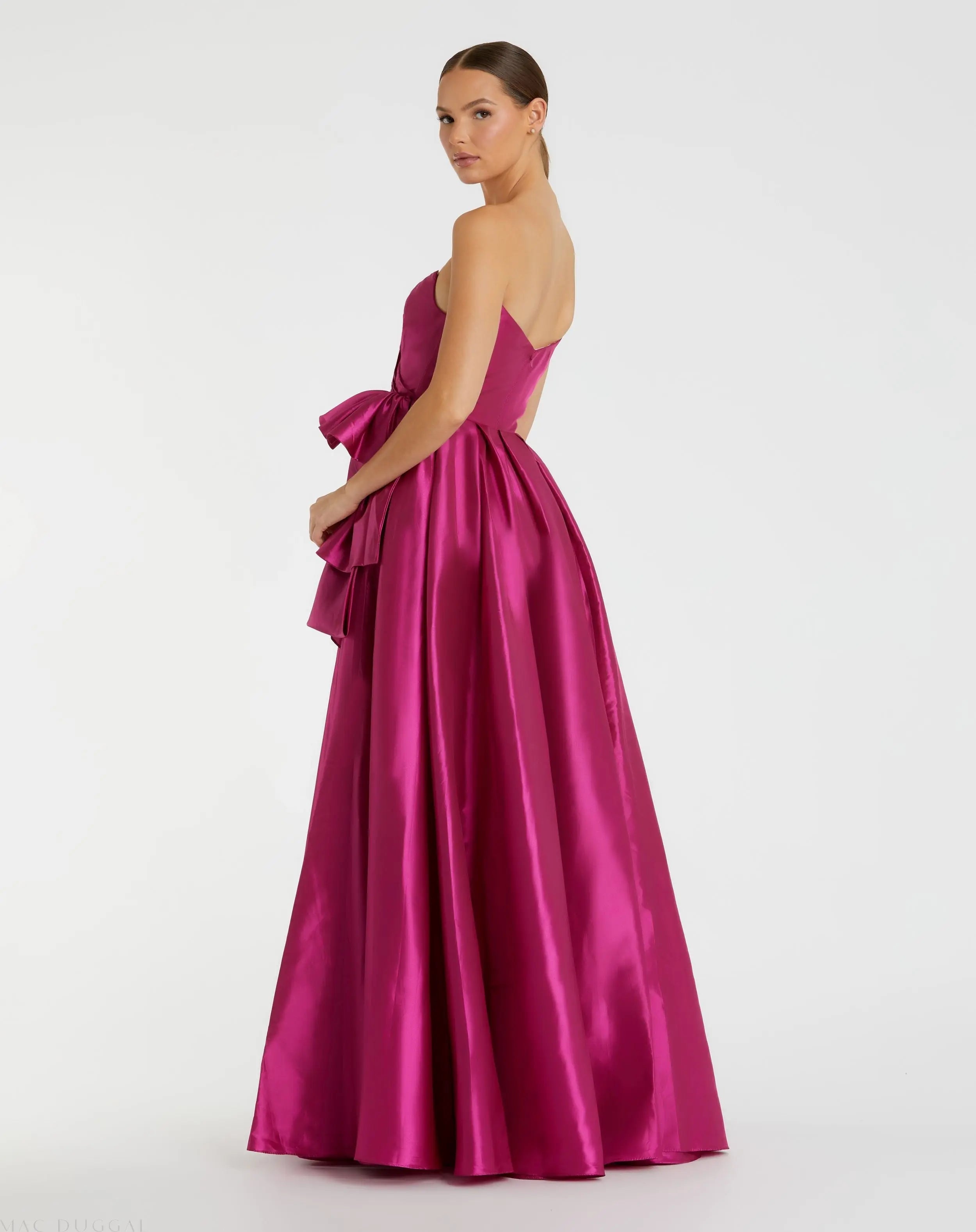 Pink Strapless Taffeta Gown with Ruffles and Slit-Myartka