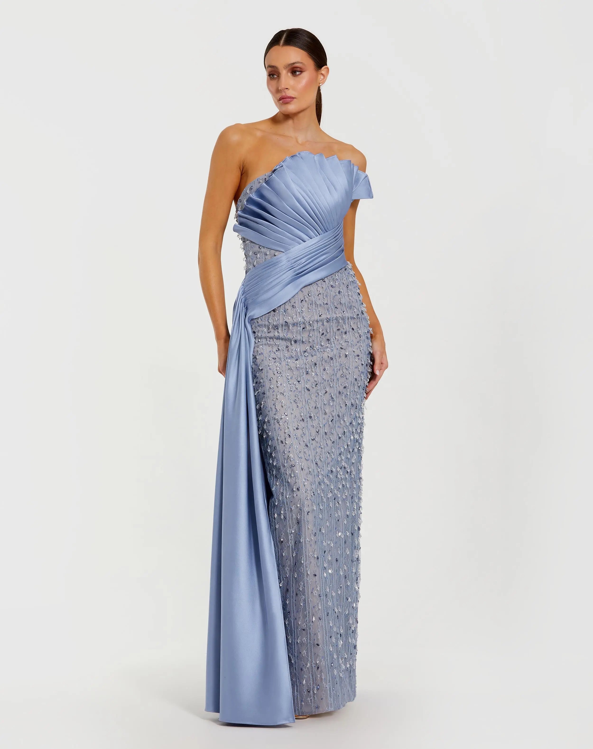 Blue Beaded Lace Column Gown with Satin Sash-Myartka