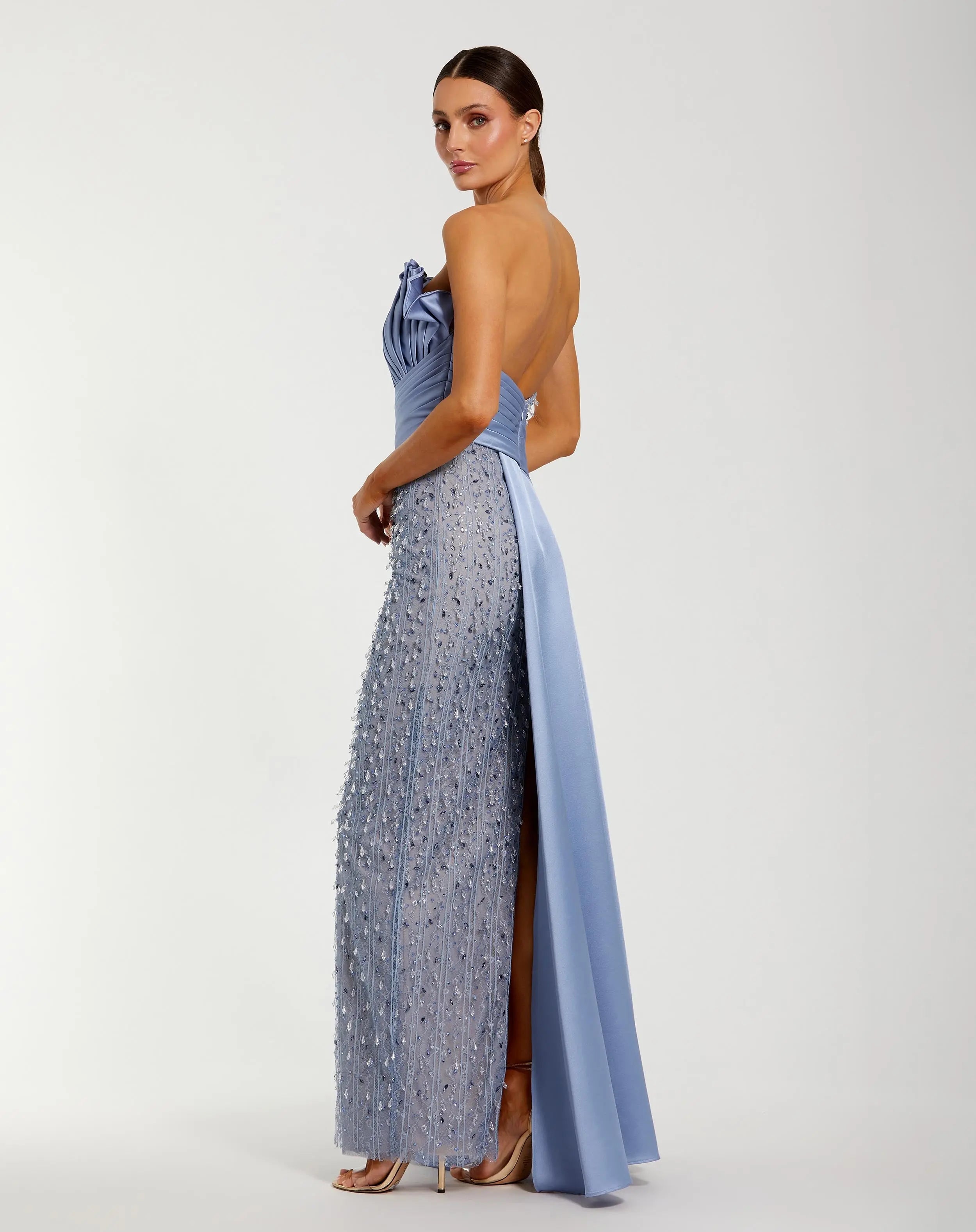 Blue Beaded Lace Column Gown with Satin Sash-Myartka