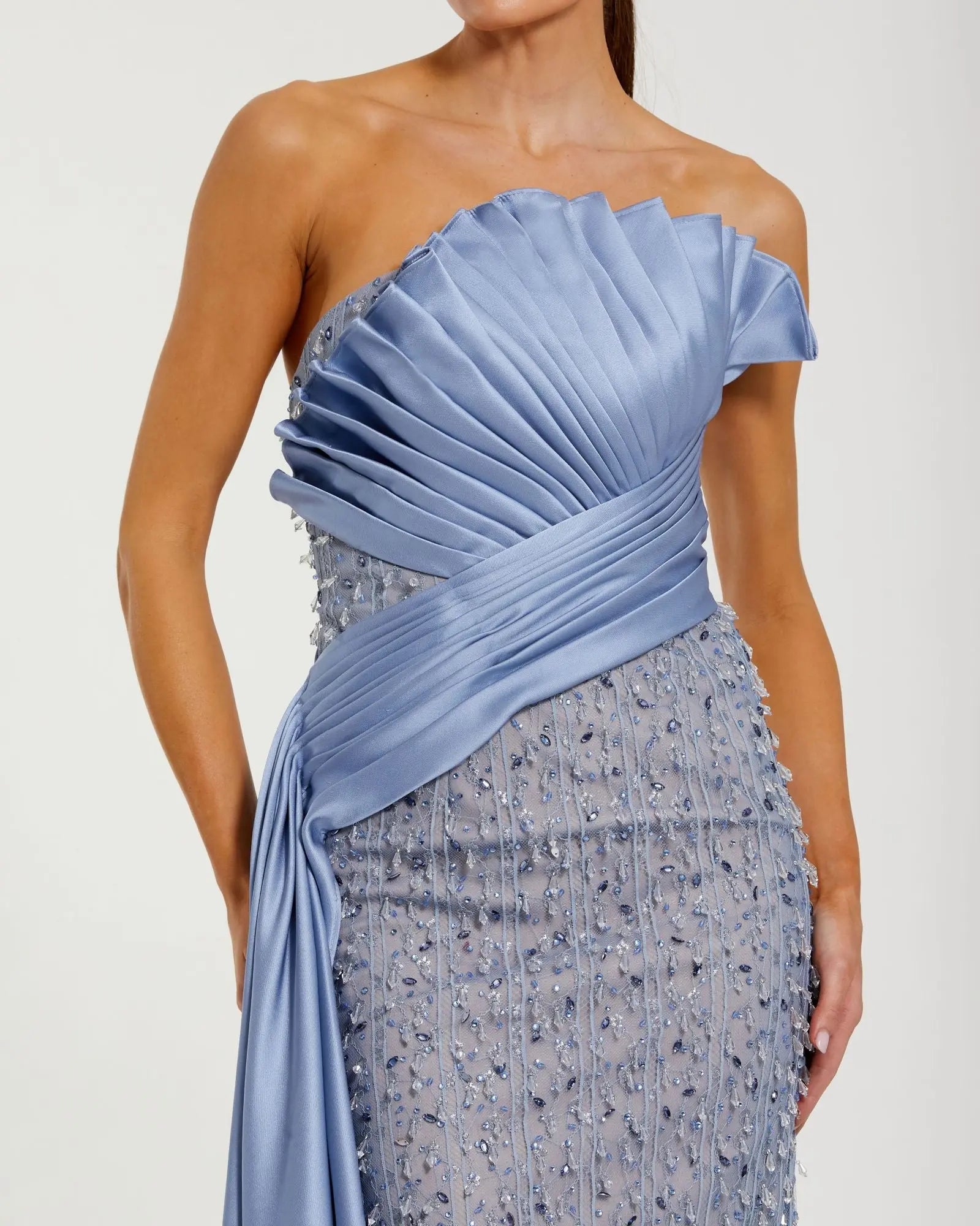 Blue Beaded Lace Column Gown with Satin Sash-Myartka