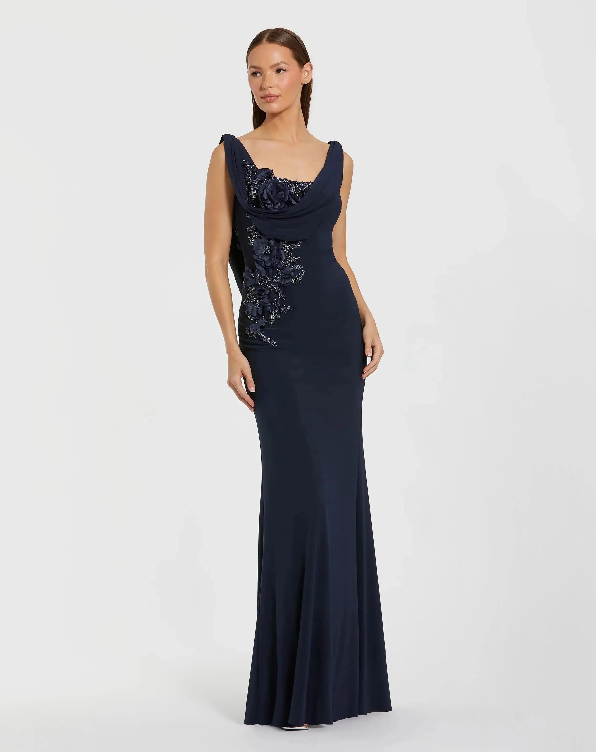 Navy Sleeveless Jersey Cowl Neck Gown With Beading-Myartka