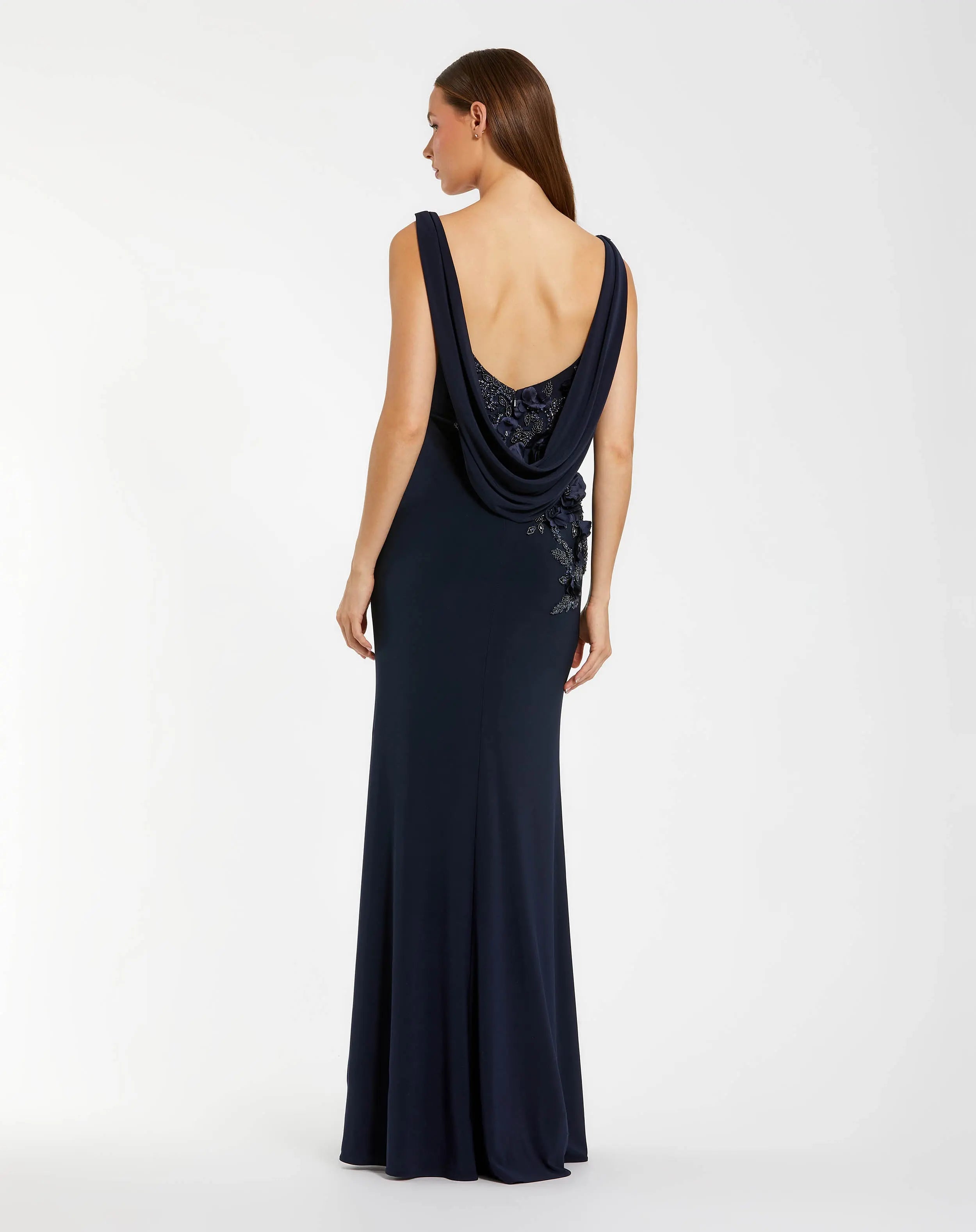 Navy Sleeveless Jersey Cowl Neck Gown With Beading-Myartka