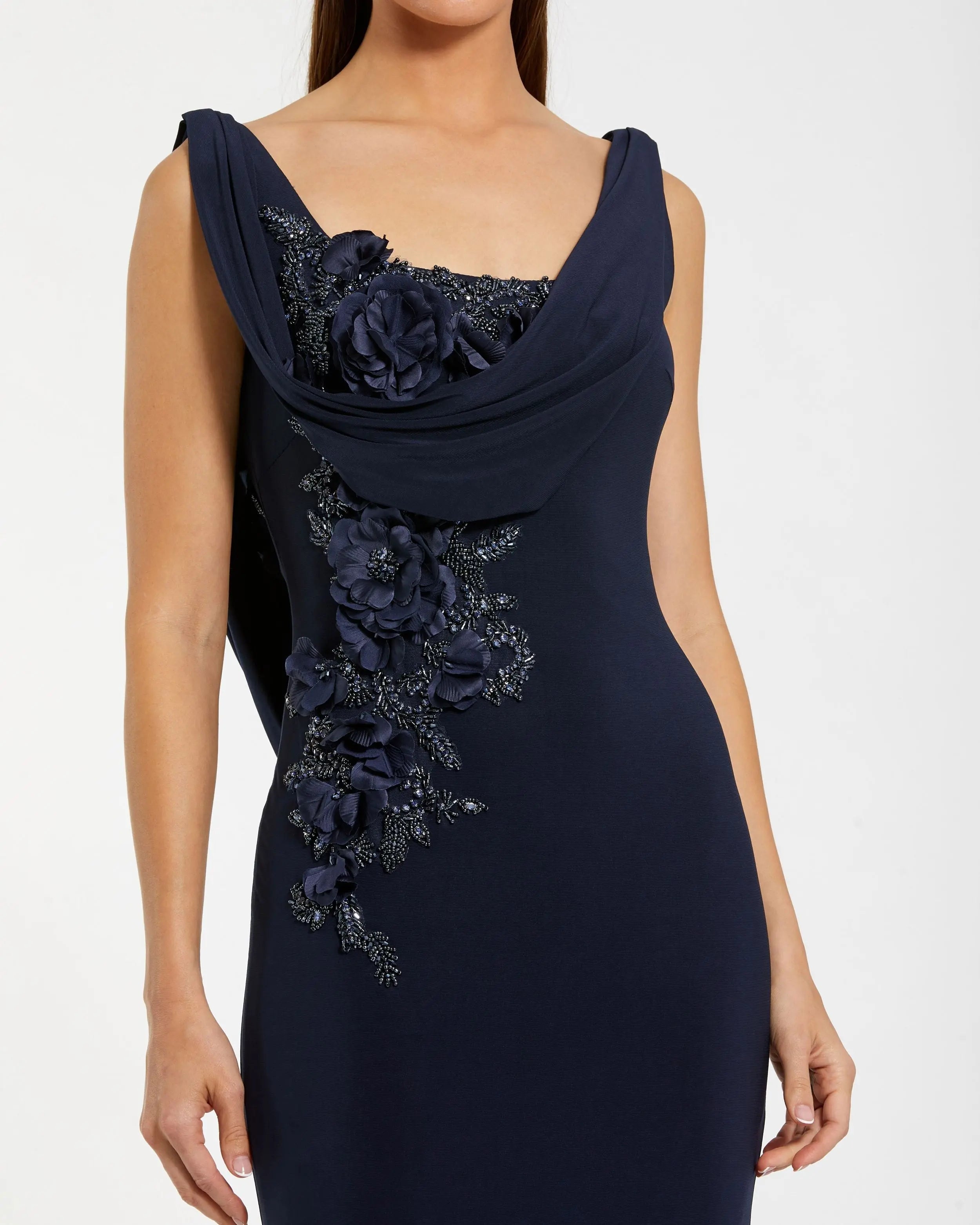Navy Sleeveless Jersey Cowl Neck Gown With Beading-Myartka
