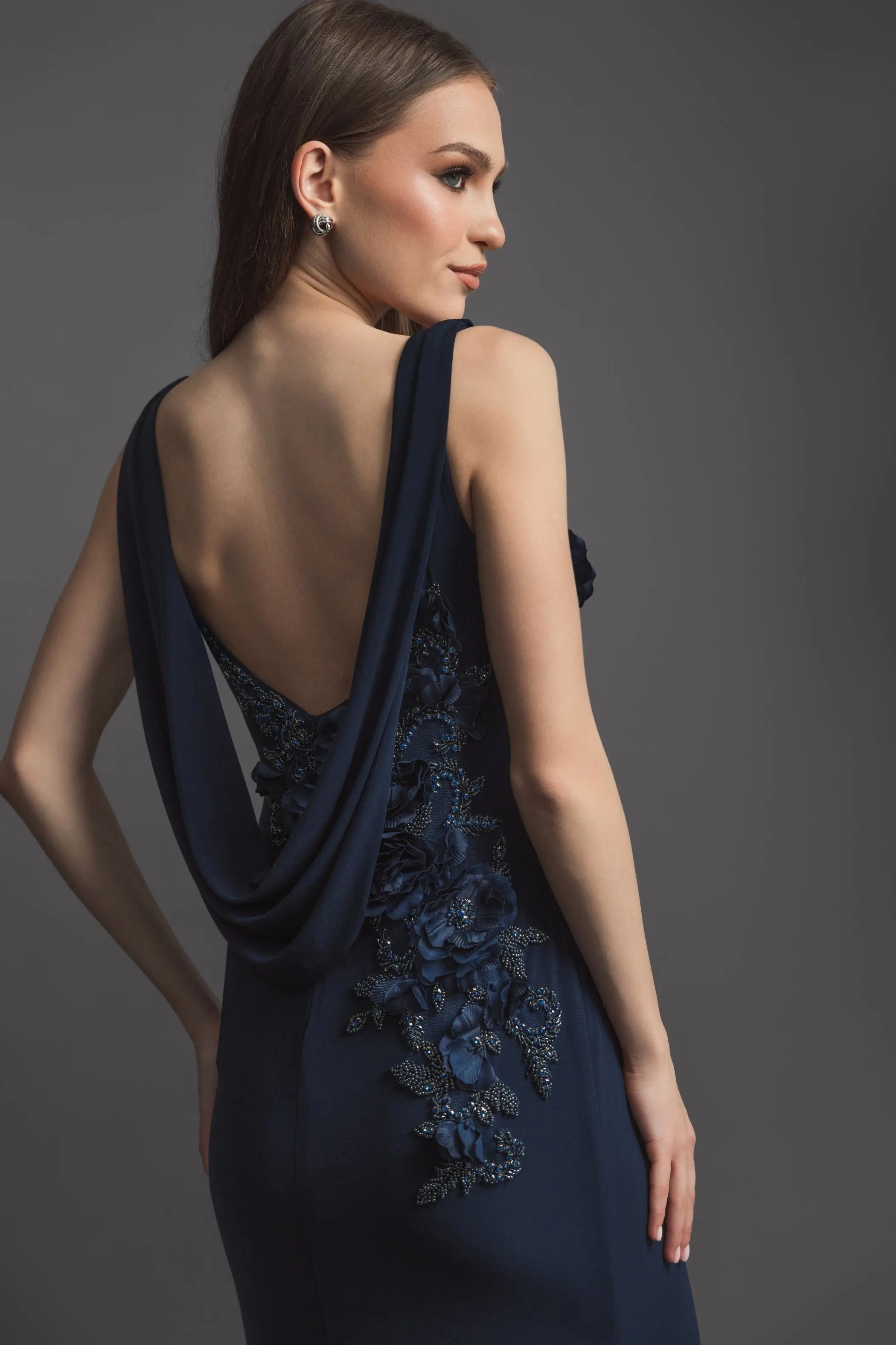 Navy Sleeveless Jersey Cowl Neck Gown With Beading-Myartka