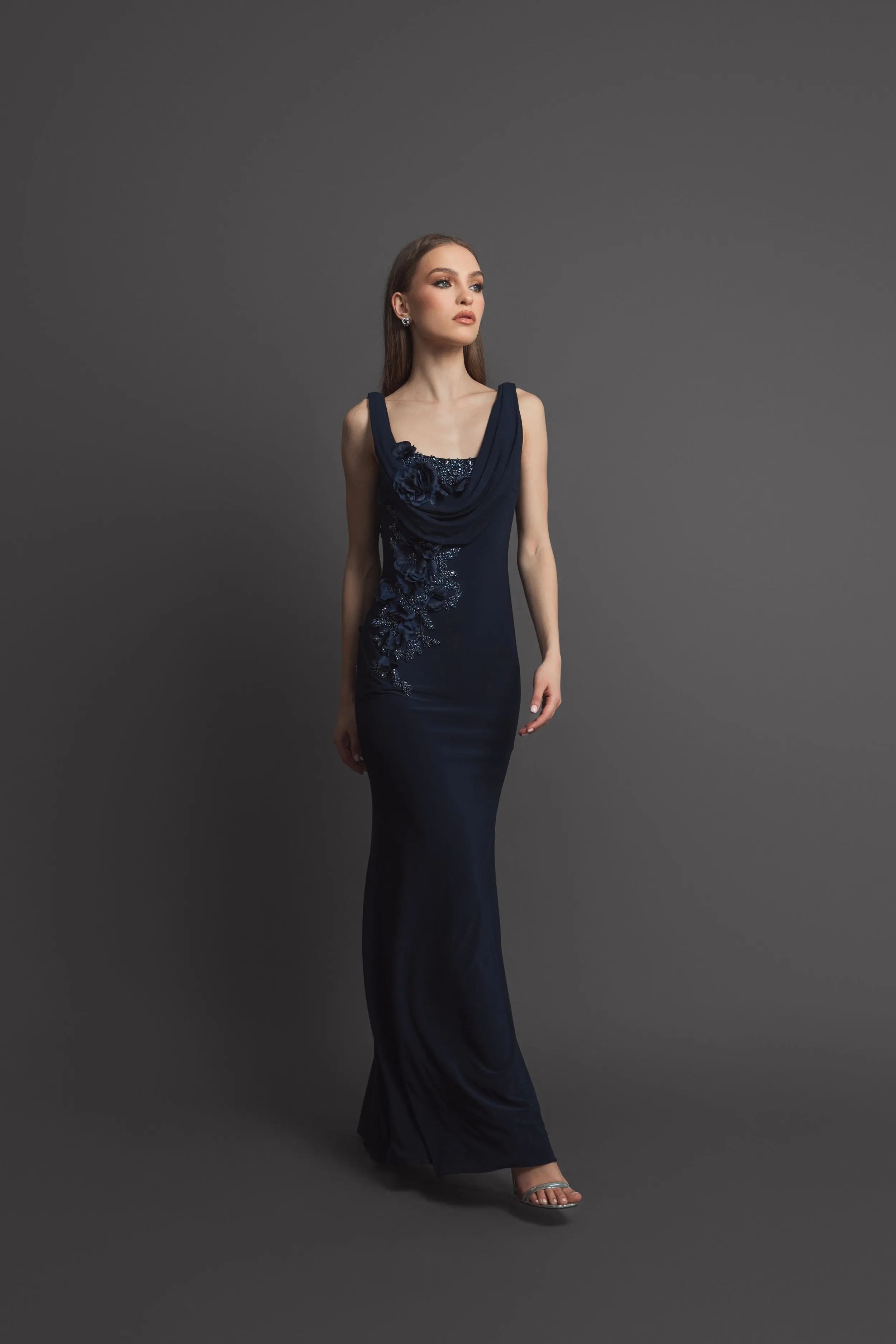 Navy Sleeveless Jersey Cowl Neck Gown With Beading-Myartka