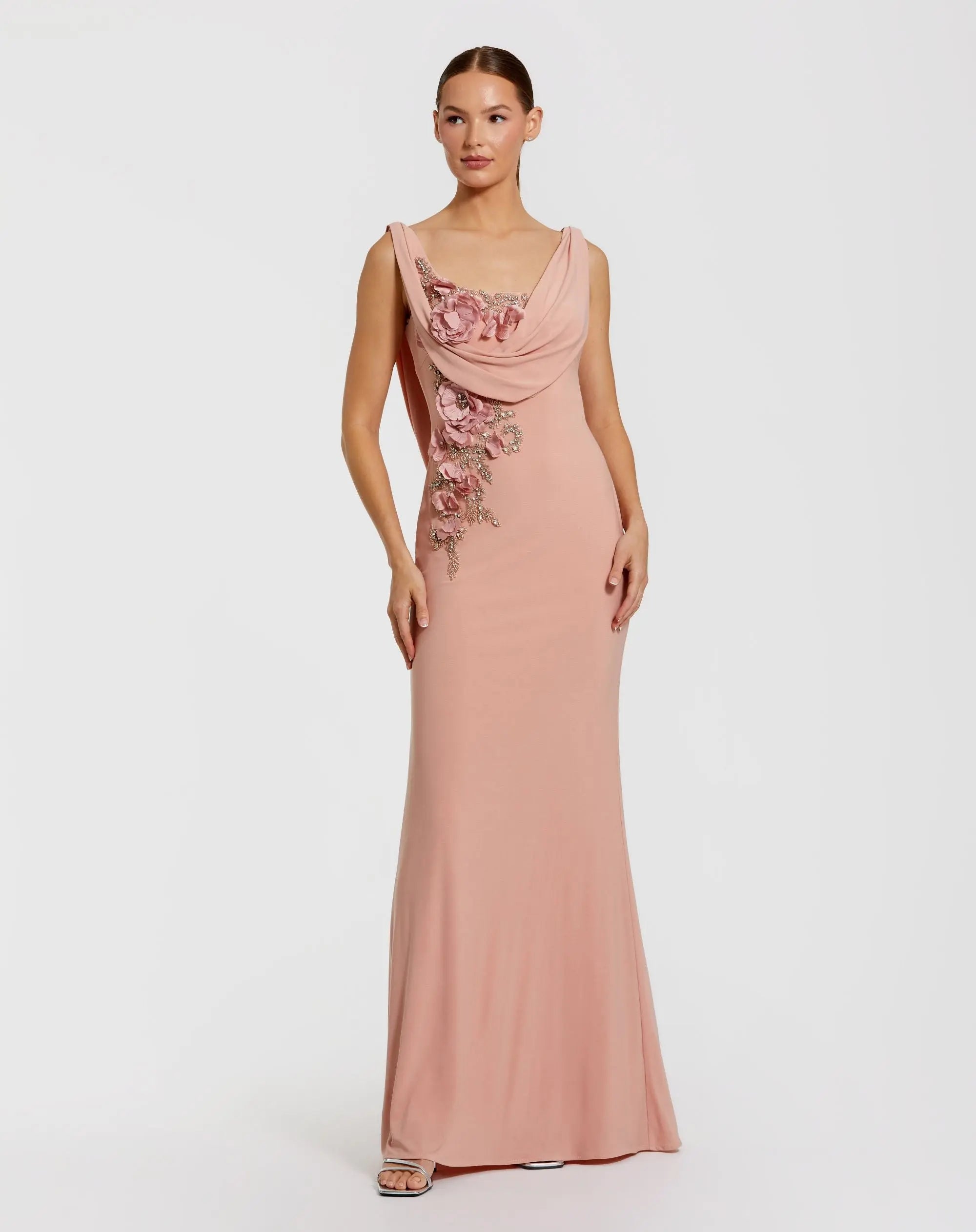 Pink Sleeveless Jersey Cowl Neck Gown With Beading-Myartka