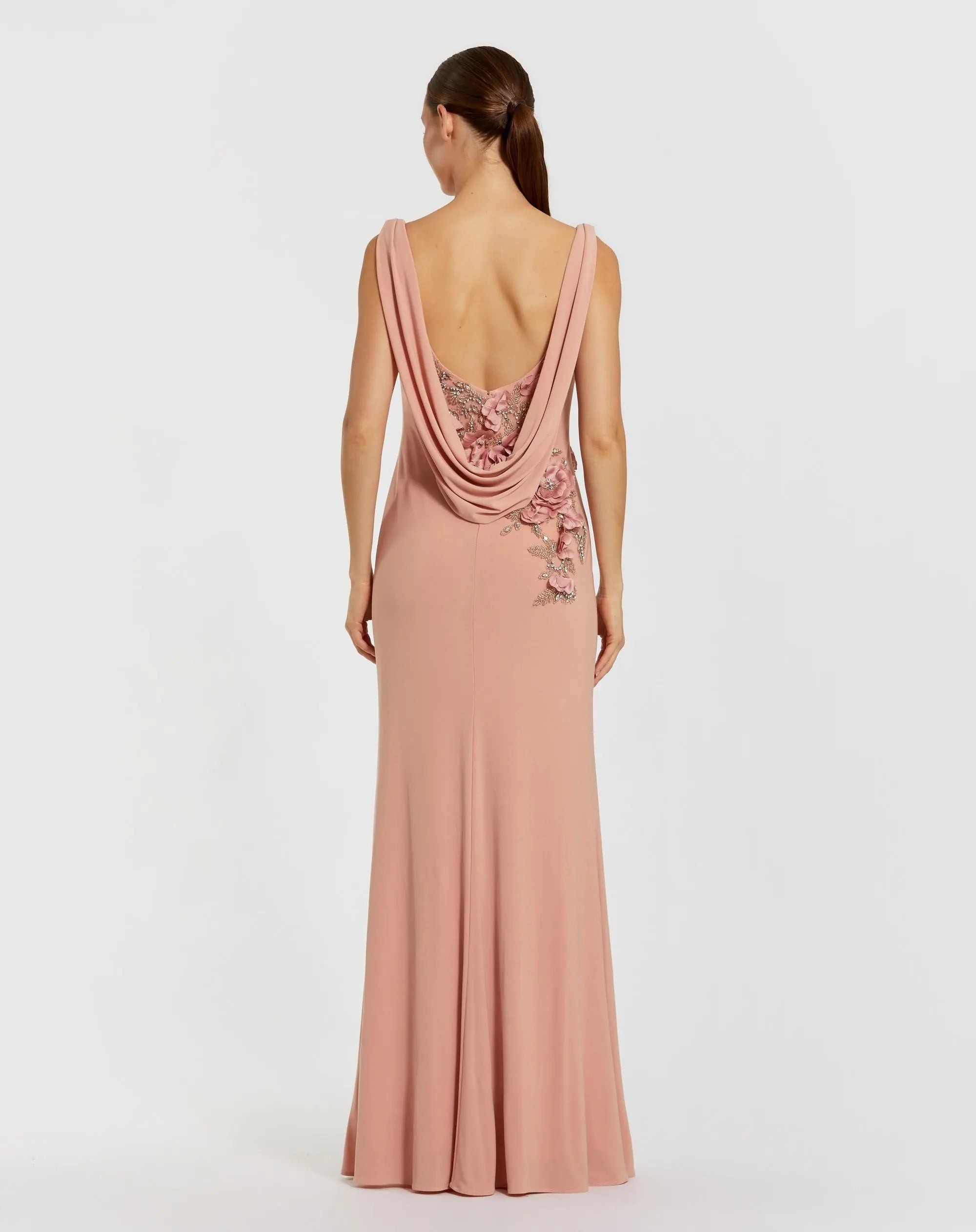 Pink Sleeveless Jersey Cowl Neck Gown With Beading-Myartka