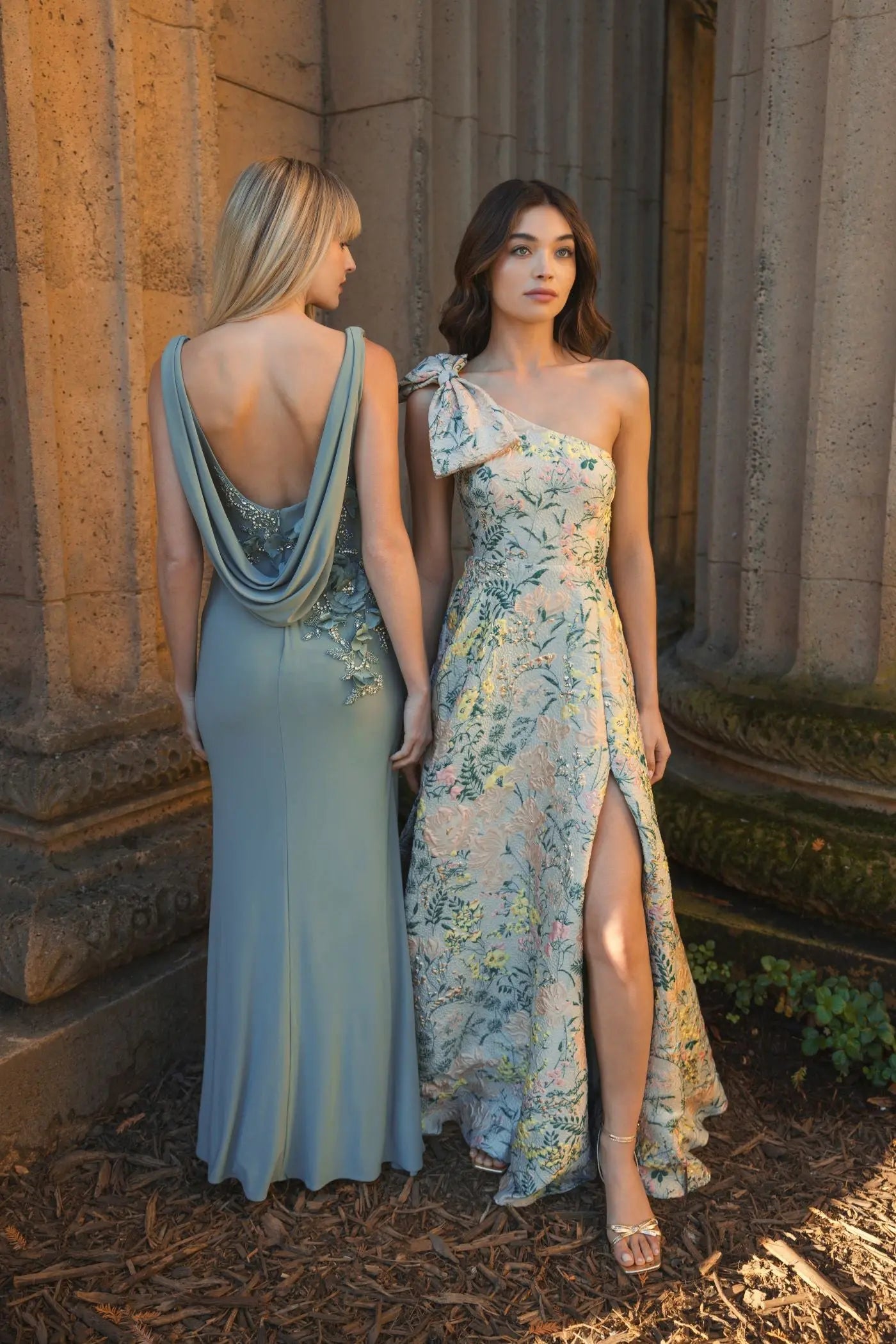 Green Sleeveless Jersey Cowl Neck Gown With Beading-Myartka