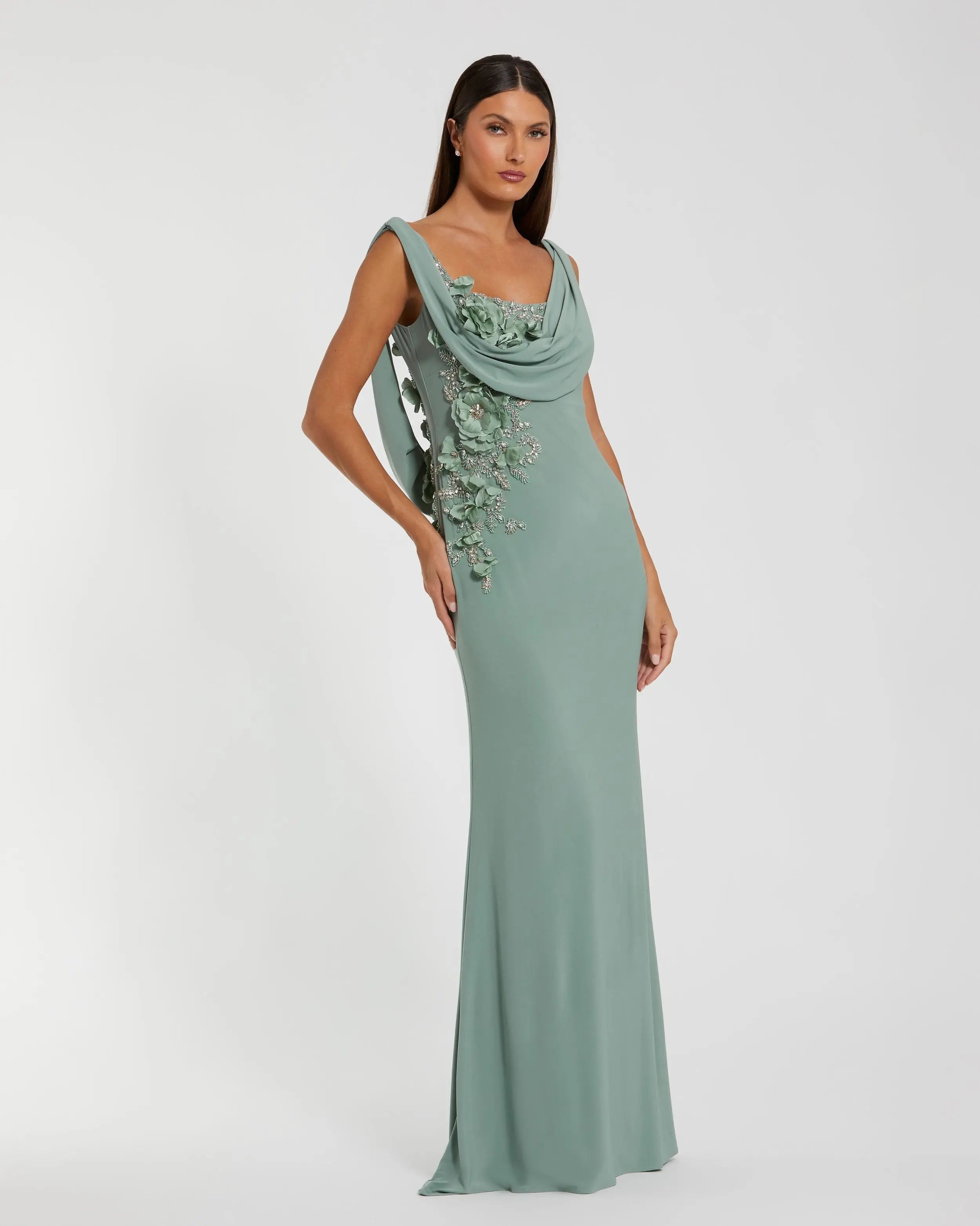 Green Sleeveless Jersey Cowl Neck Gown With Beading-Myartka