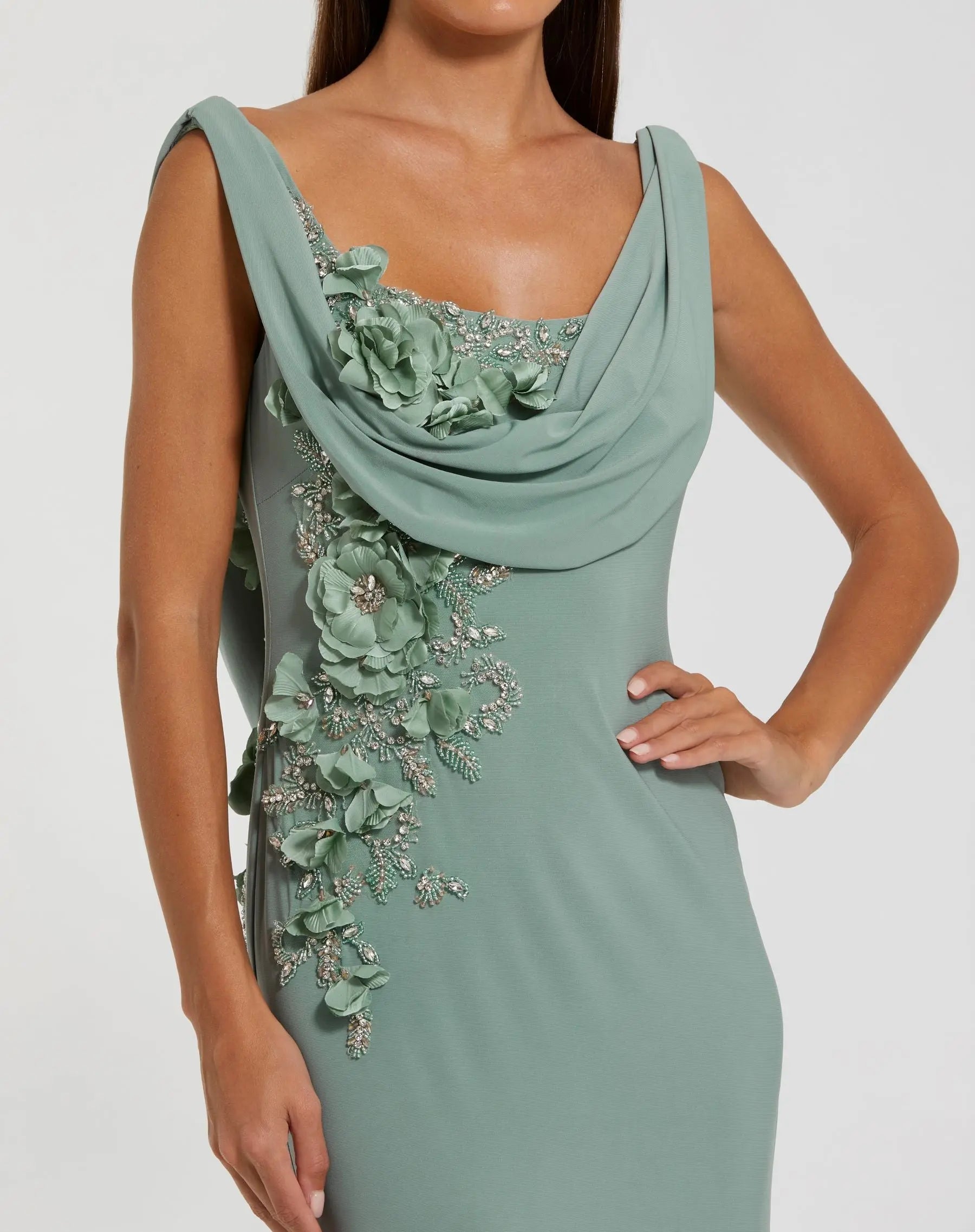 Green Sleeveless Jersey Cowl Neck Gown With Beading-Myartka