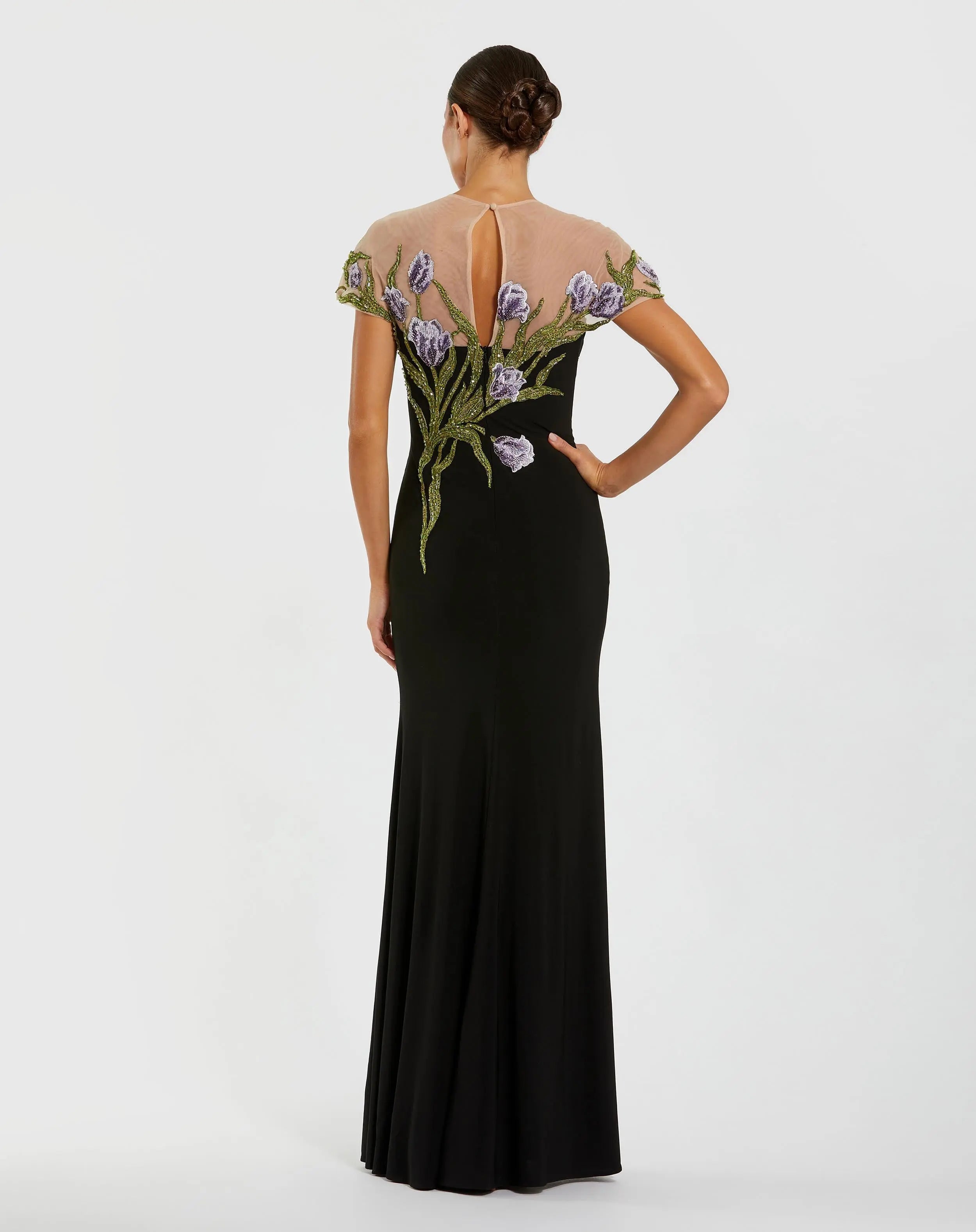Black High Neck Floral Embroidered Jersey Gown-Myartka