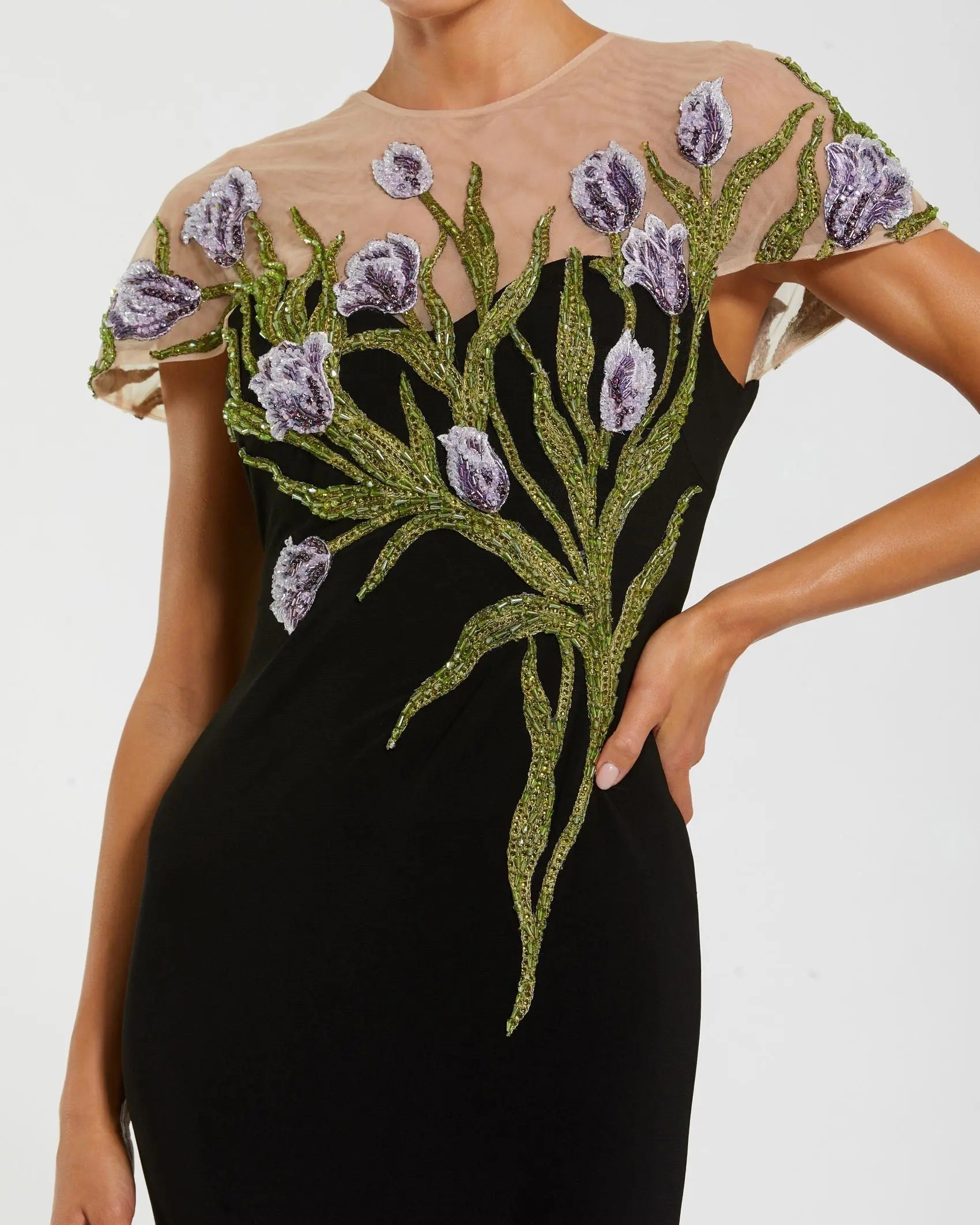 Black High Neck Floral Embroidered Jersey Gown-Myartka