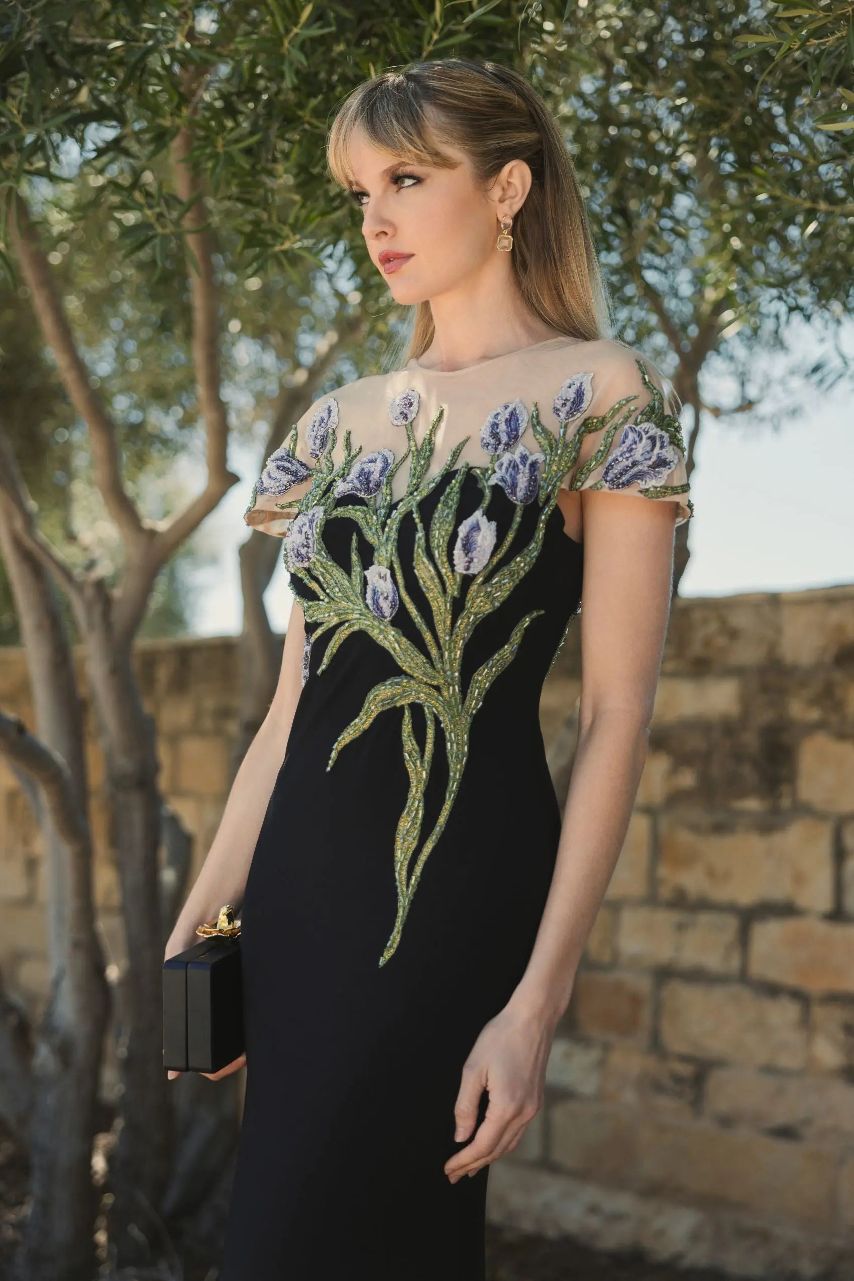 Black High Neck Floral Embroidered Jersey Gown-Myartka