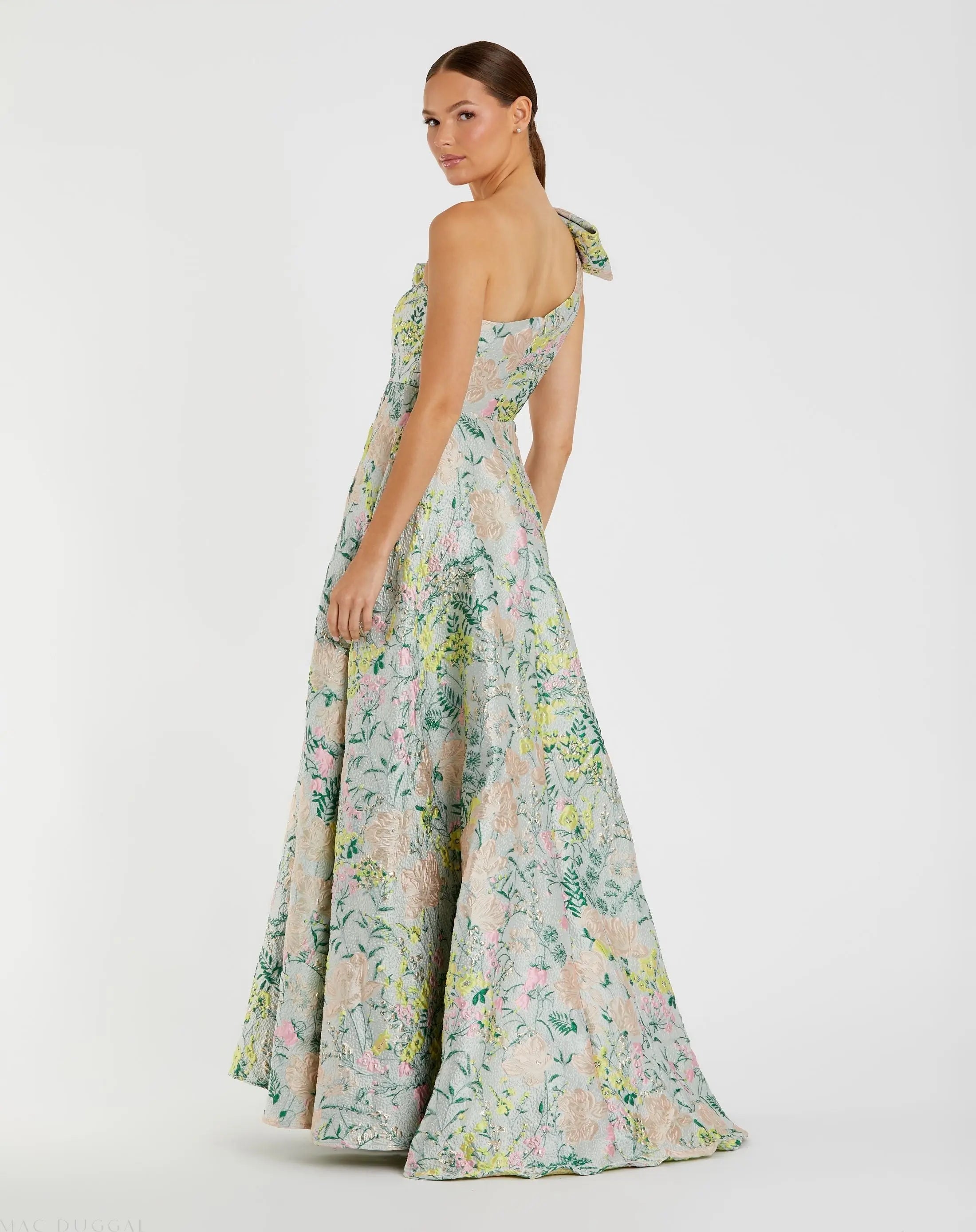 Multicolor One Shoulder Brocade Floral Gown With Bow-Myartka