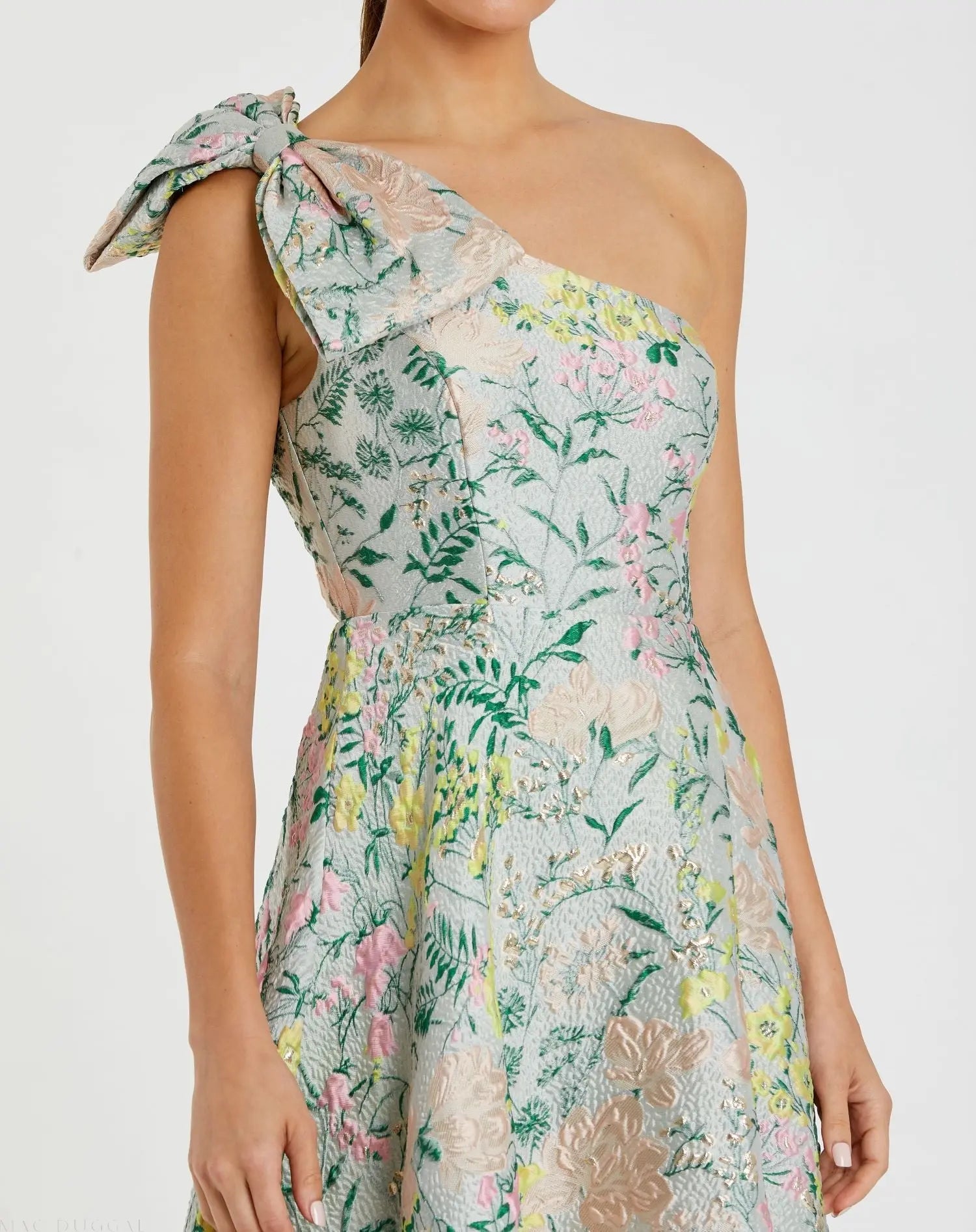 Multicolor One Shoulder Brocade Floral Gown With Bow-Myartka