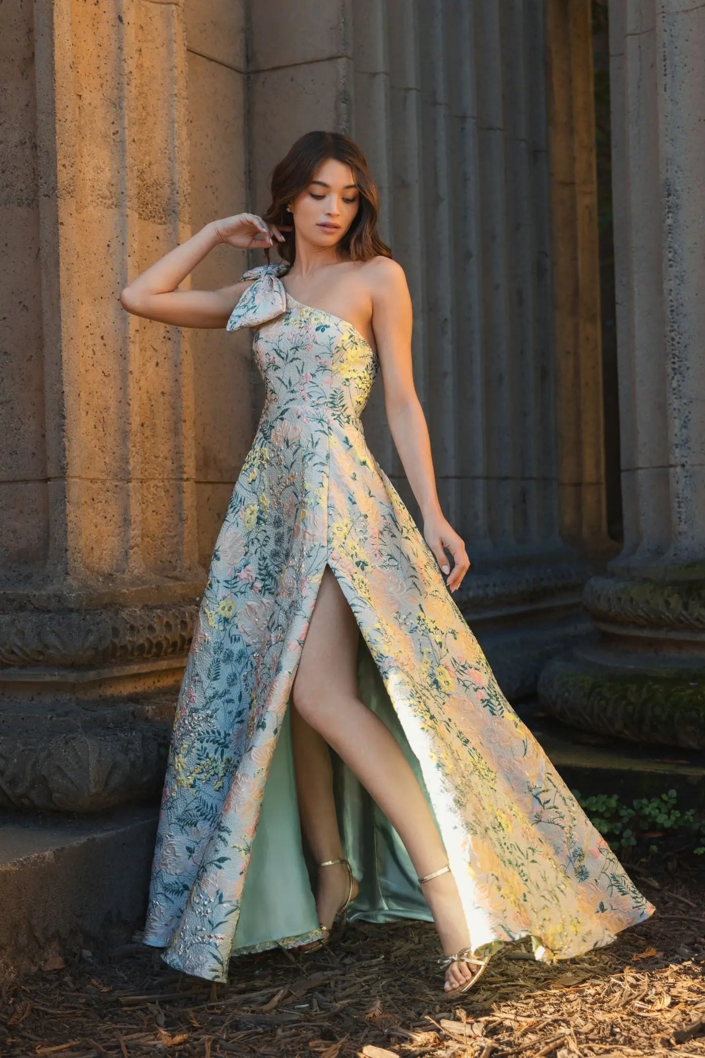 Multicolor One Shoulder Brocade Floral Gown With Bow-Myartka