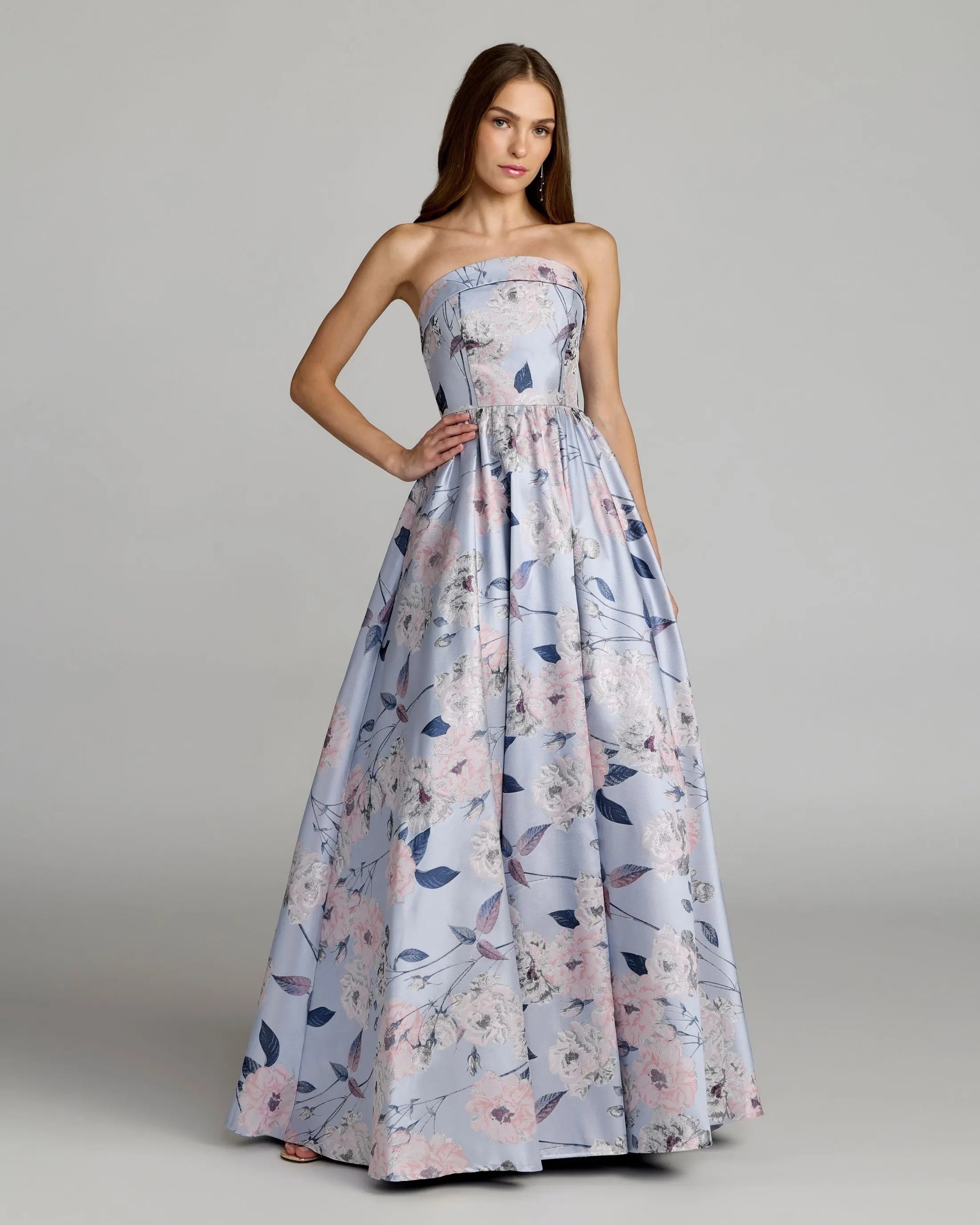 Blue Floral Brocade Strapless Ball Gown-Myartka