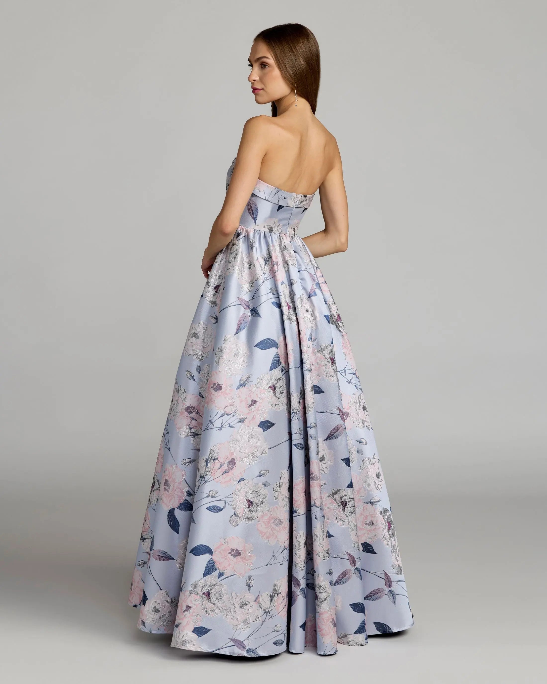 Blue Floral Brocade Strapless Ball Gown-Myartka