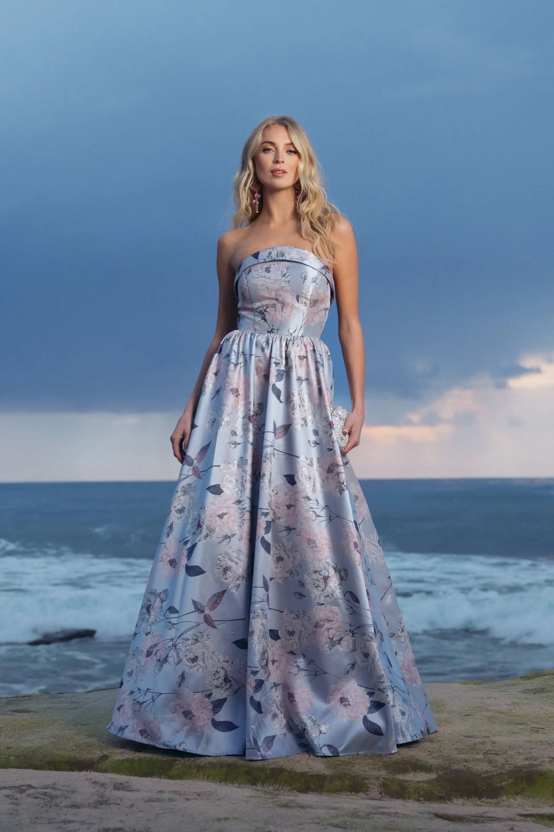 Blue Floral Brocade Strapless Ball Gown-Myartka
