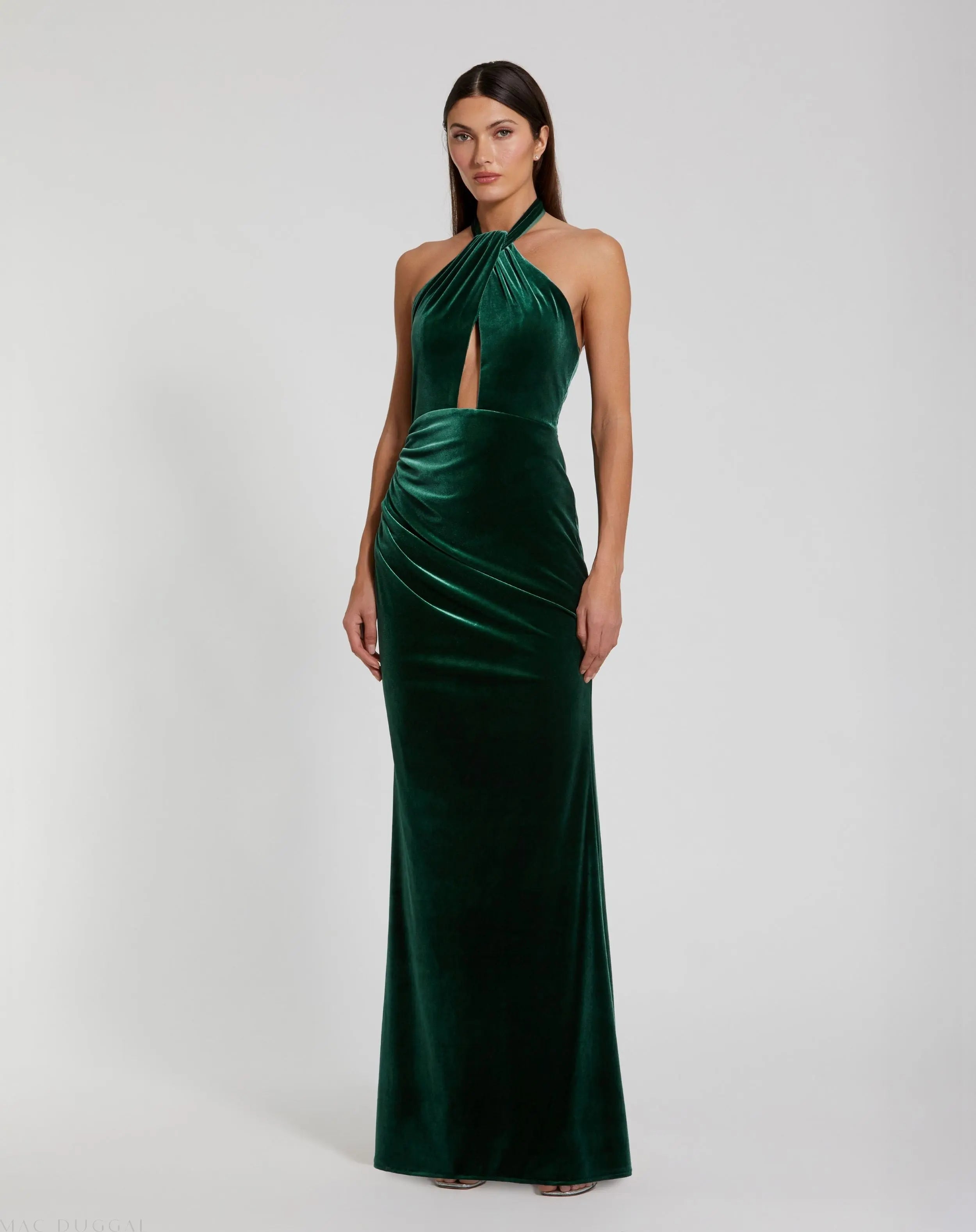 Green Twist Neck Open Front Velvet Draped Gown-Myartka