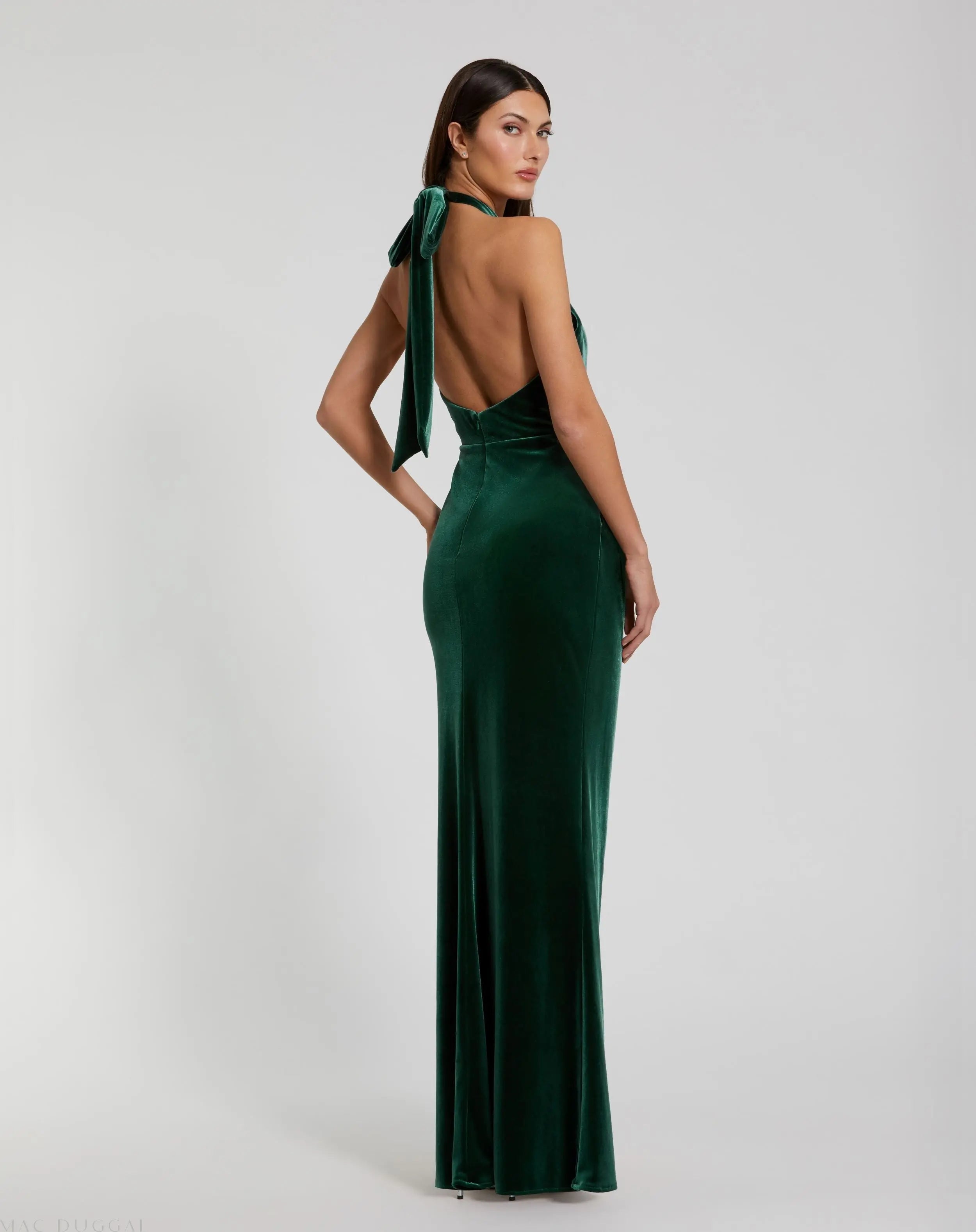 Green Twist Neck Open Front Velvet Draped Gown-Myartka