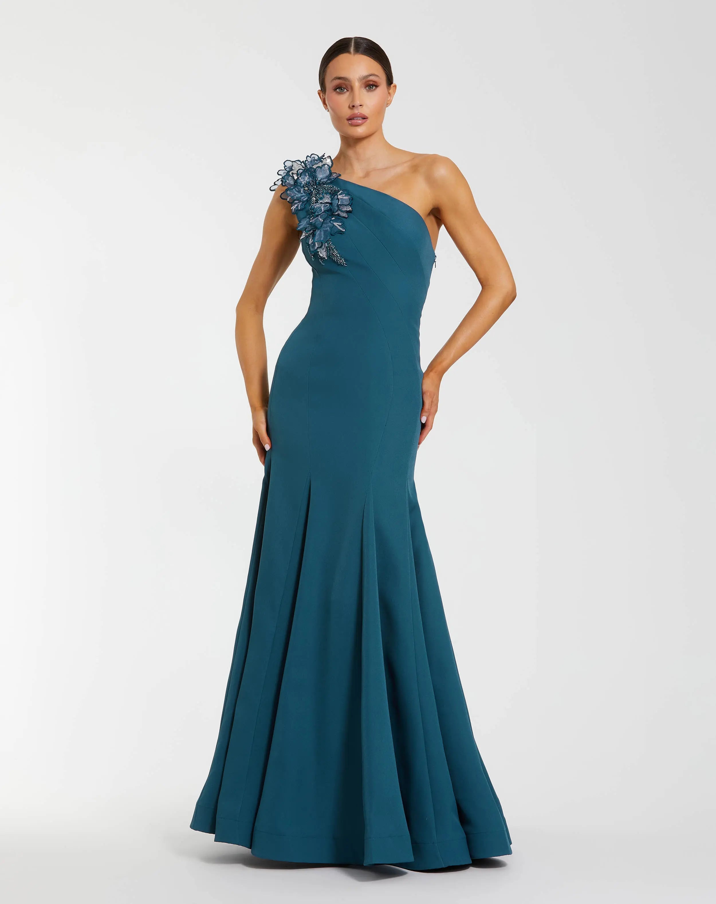 Blue One Shoulder Mermaid Gown with 3D Flowers-Myartka