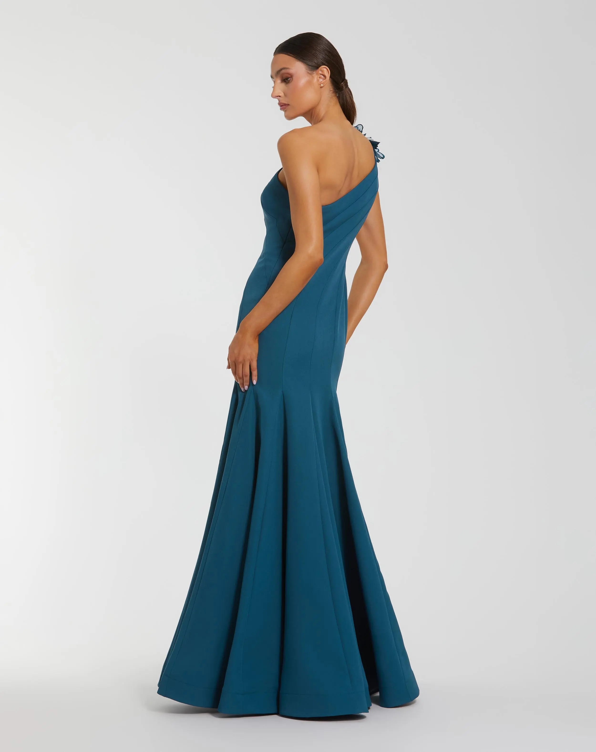 Blue One Shoulder Mermaid Gown with 3D Flowers-Myartka