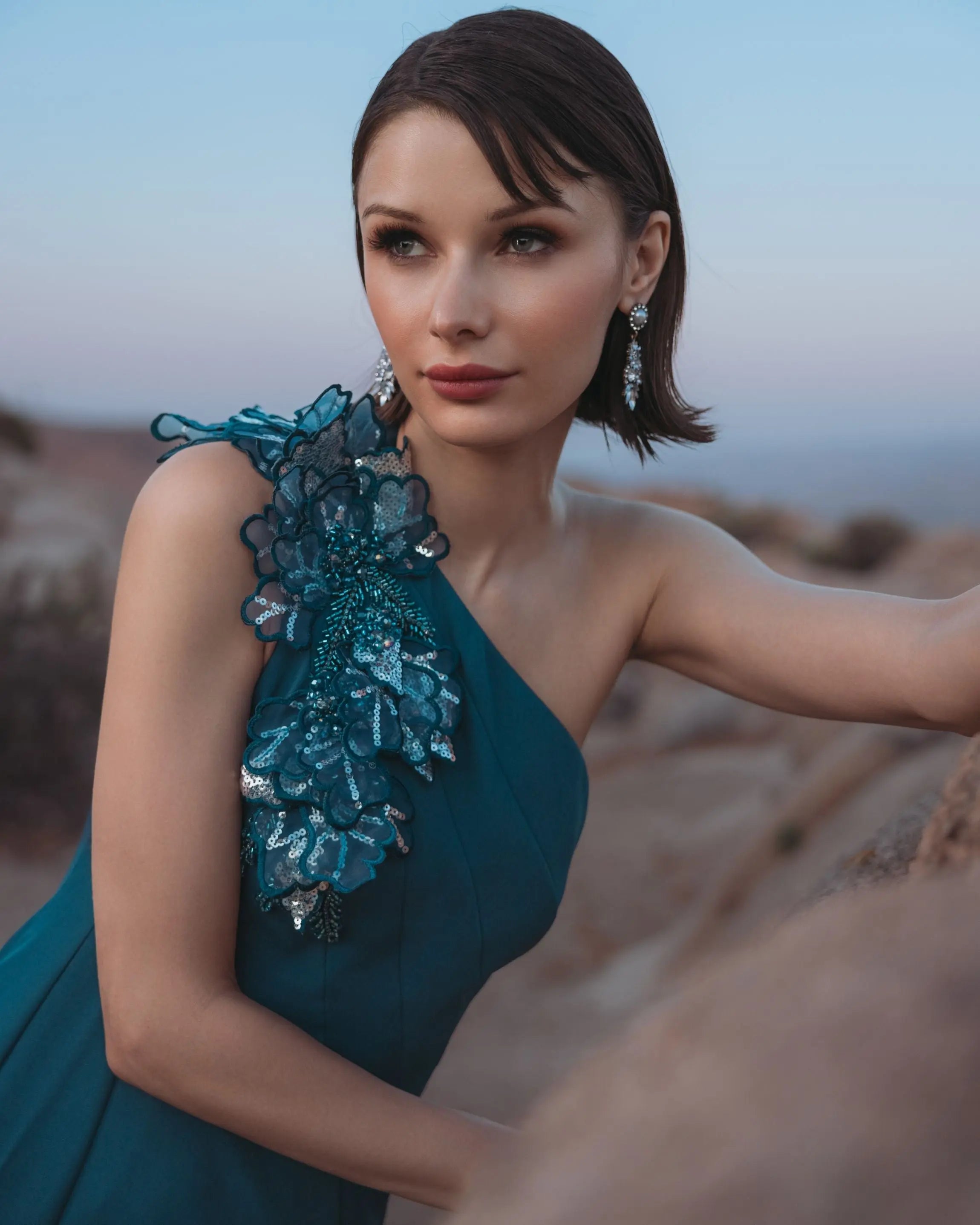 Blue One Shoulder Mermaid Gown with 3D Flowers-Myartka