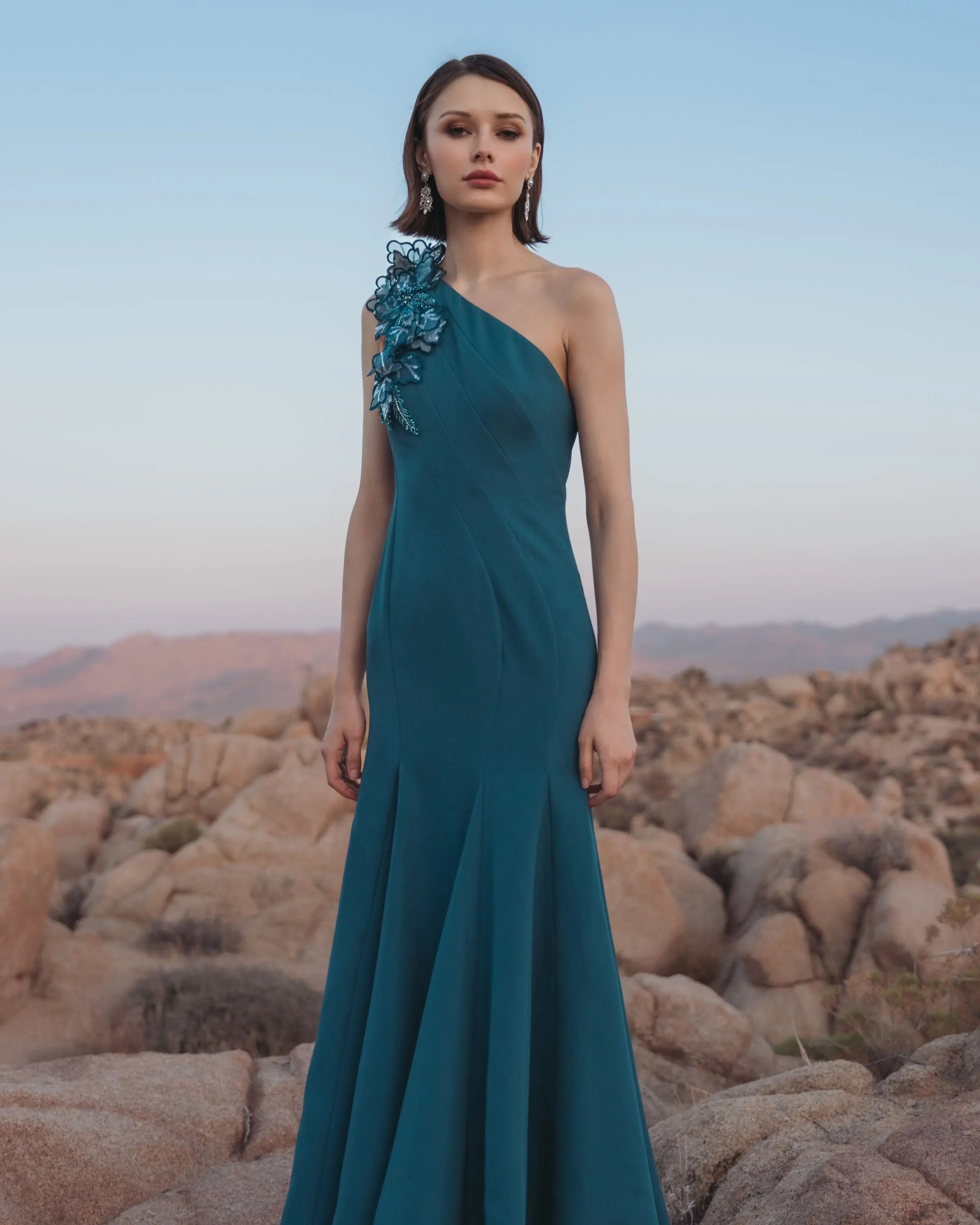 Blue One Shoulder Mermaid Gown with 3D Flowers-Myartka