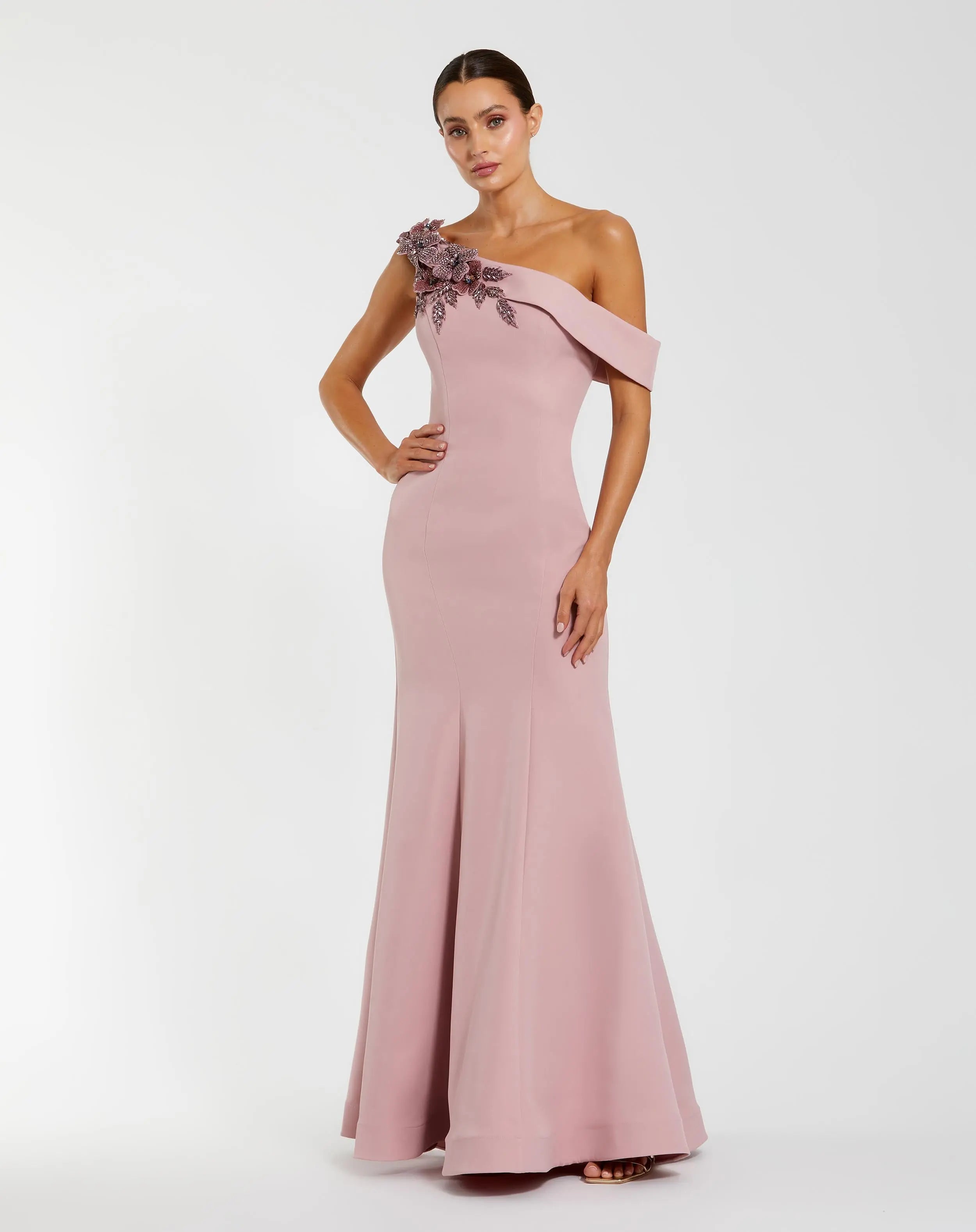 Pink One Shoulder Sleeveless Beaded Mermaid Gown-Myartka