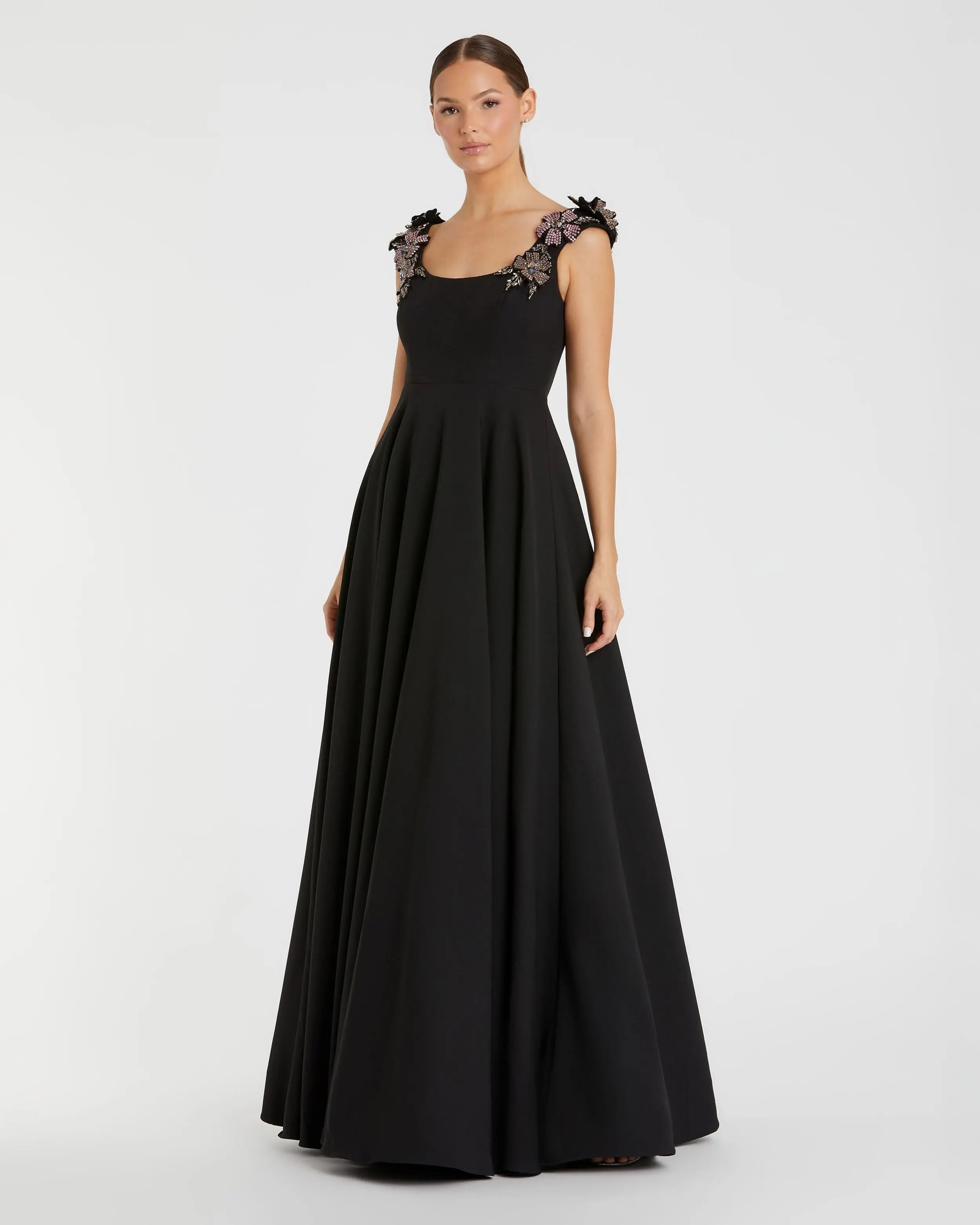 Black Crepe Sleeveless Ballgown With Rhinestone Flowers-Myartka