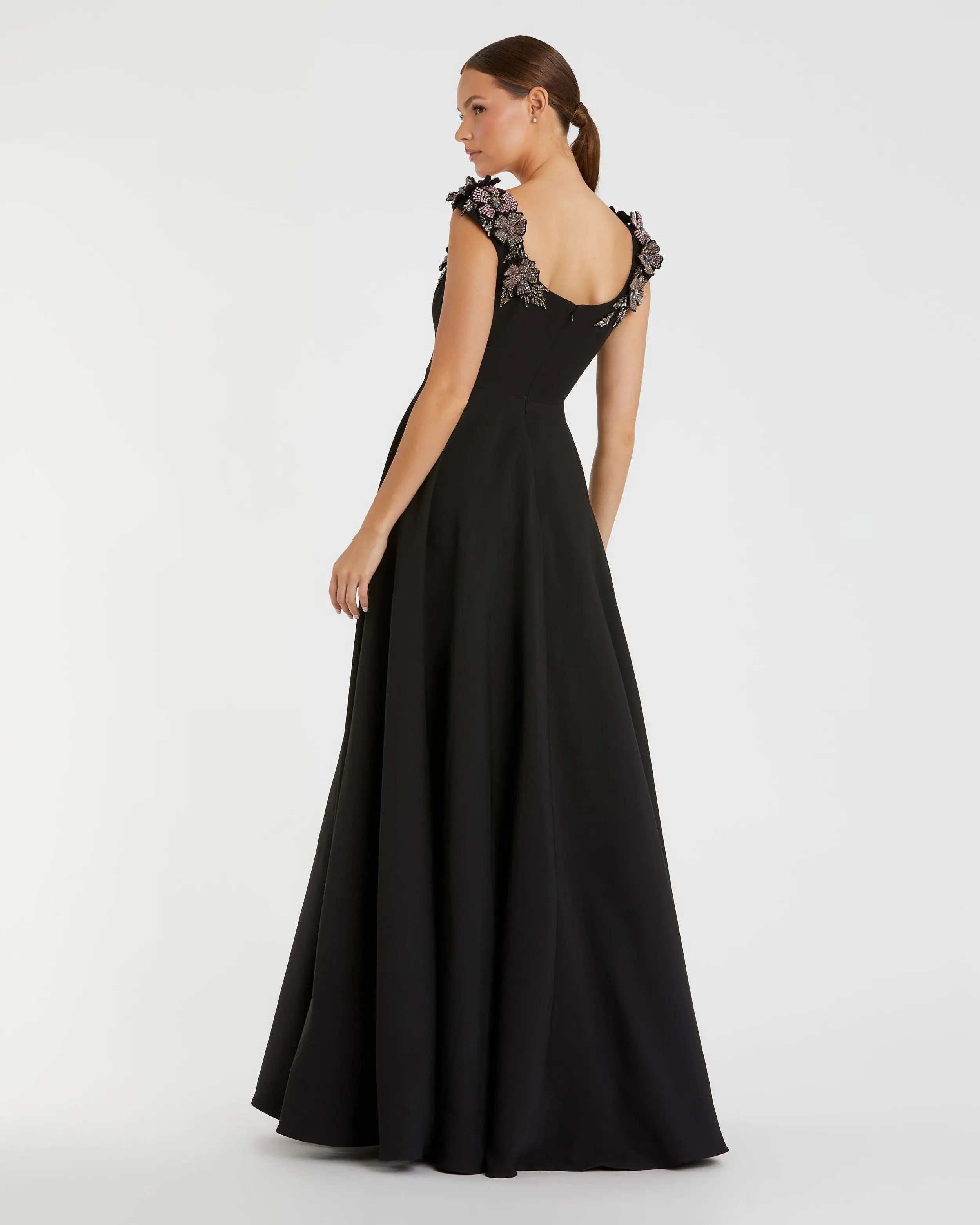 Black Crepe Sleeveless Ballgown With Rhinestone Flowers-Myartka