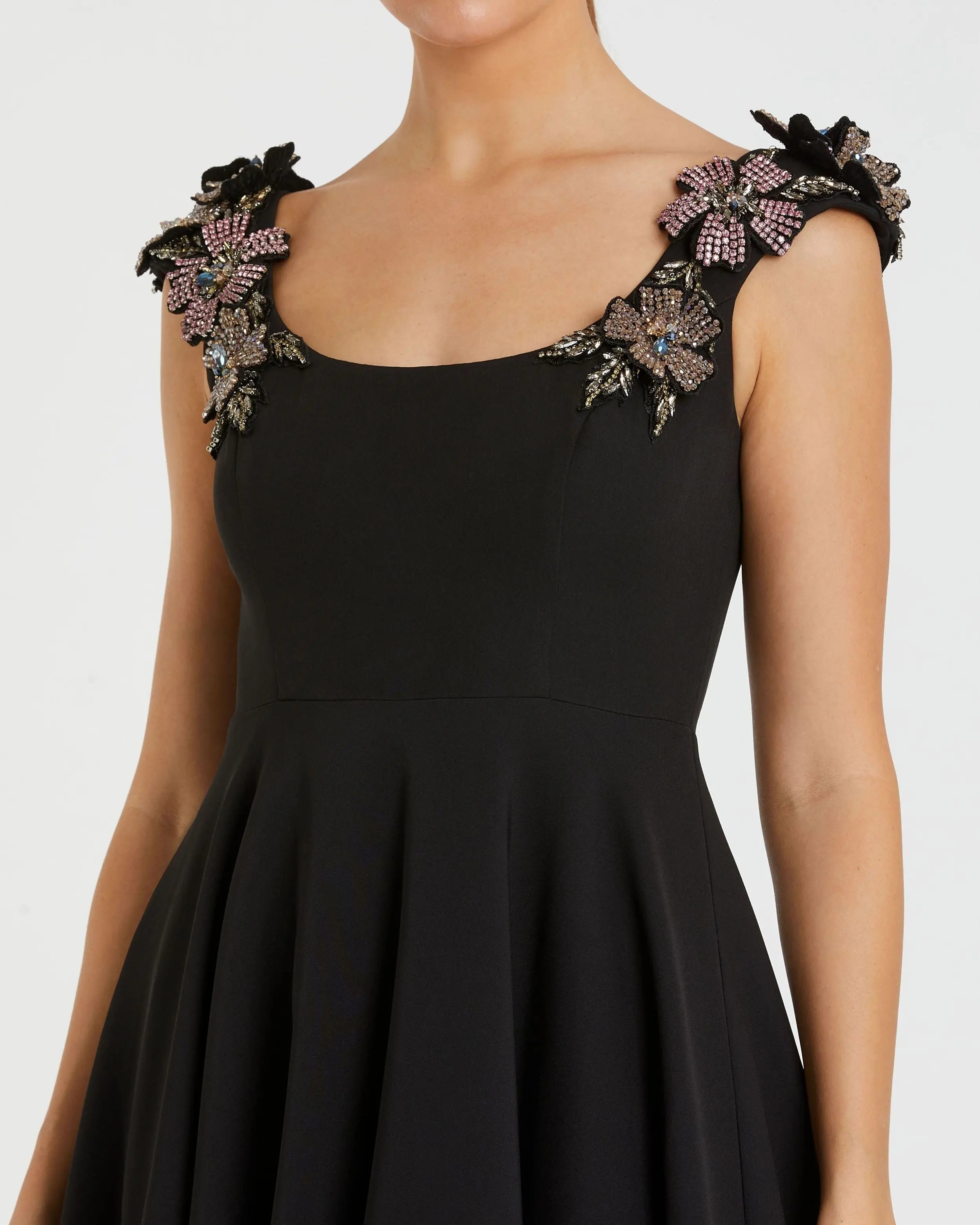 Black Crepe Sleeveless Ballgown With Rhinestone Flowers-Myartka