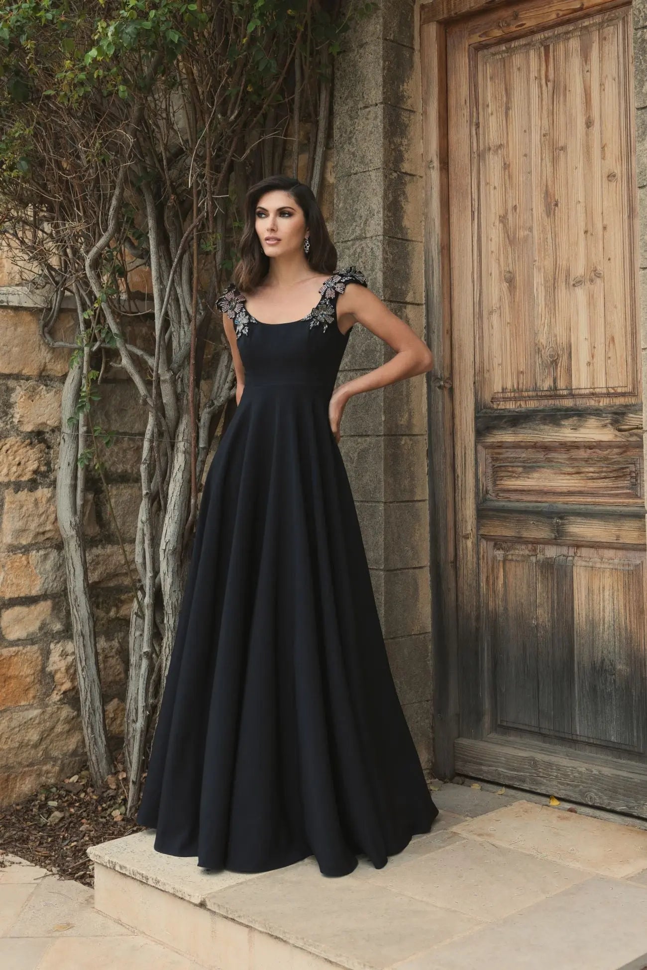 Black Crepe Sleeveless Ballgown With Rhinestone Flowers-Myartka