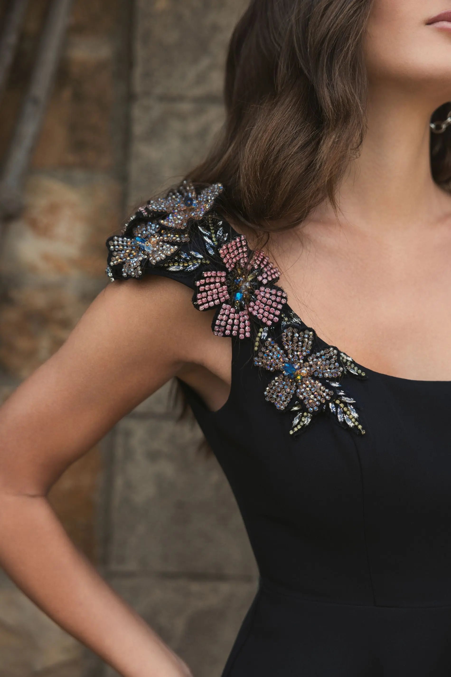 Black Crepe Sleeveless Ballgown With Rhinestone Flowers-Myartka