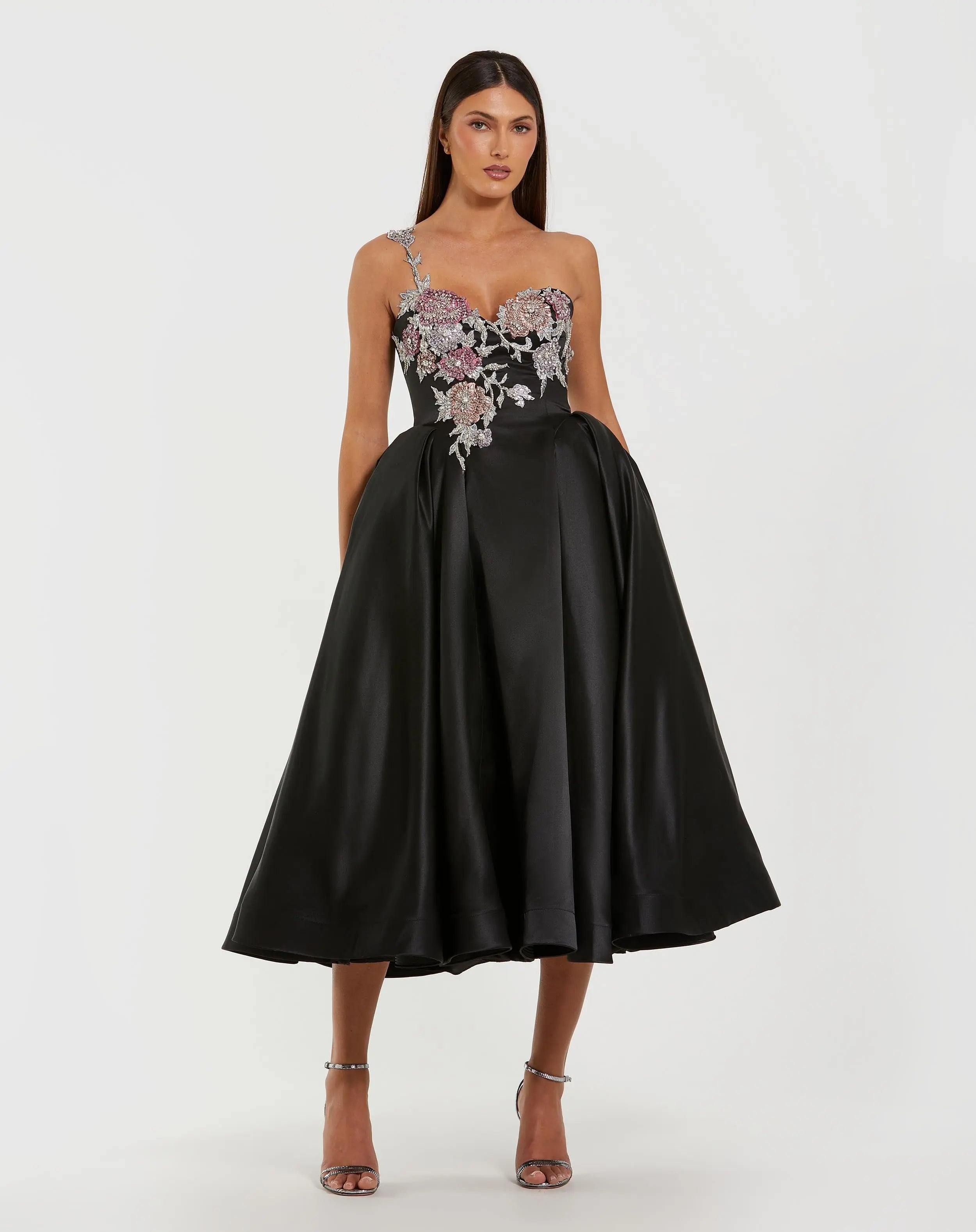 Black One Shoulder Satin Midi Dress With Beaded Flowers-Myartka