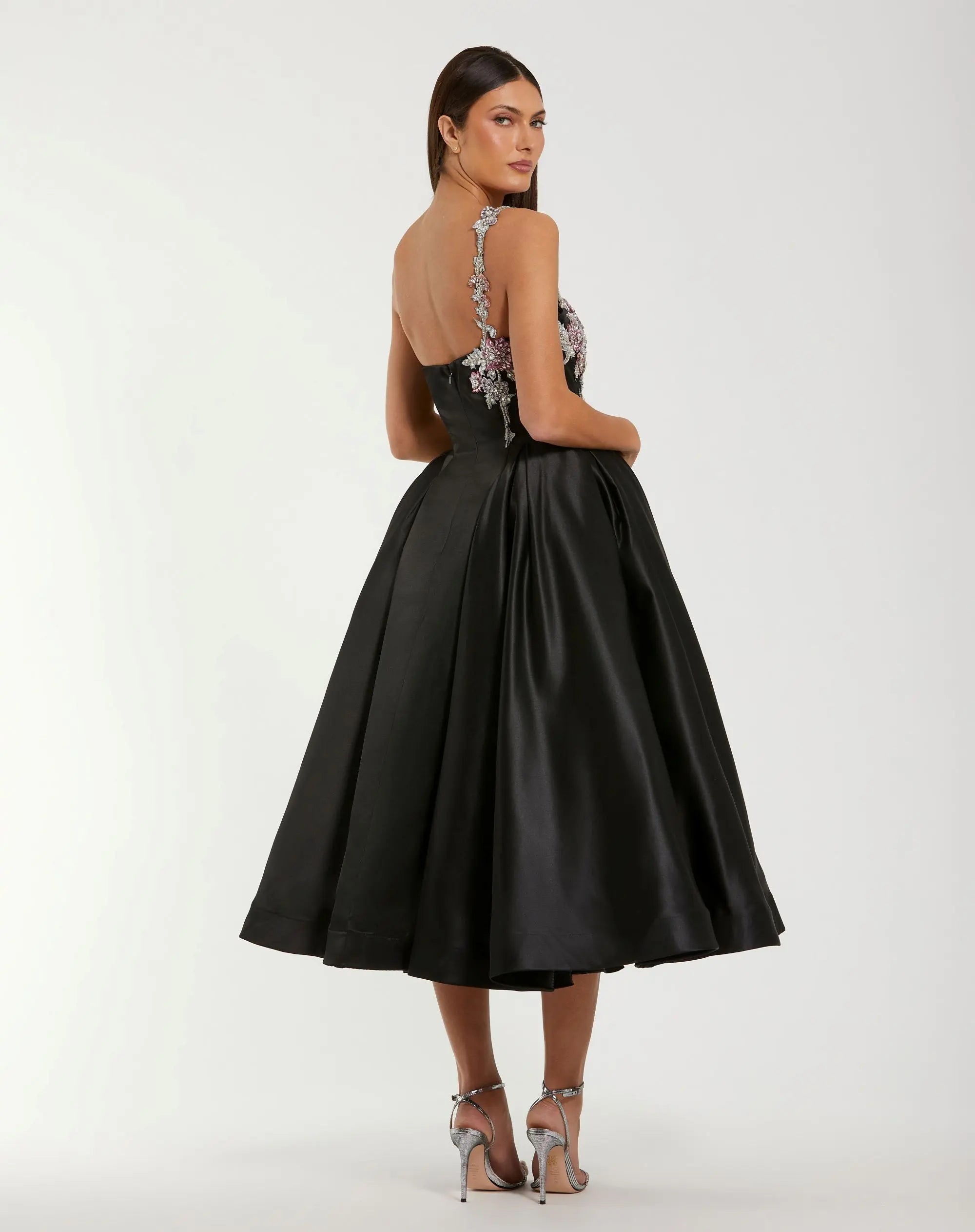 Black One Shoulder Satin Midi Dress With Beaded Flowers-Myartka