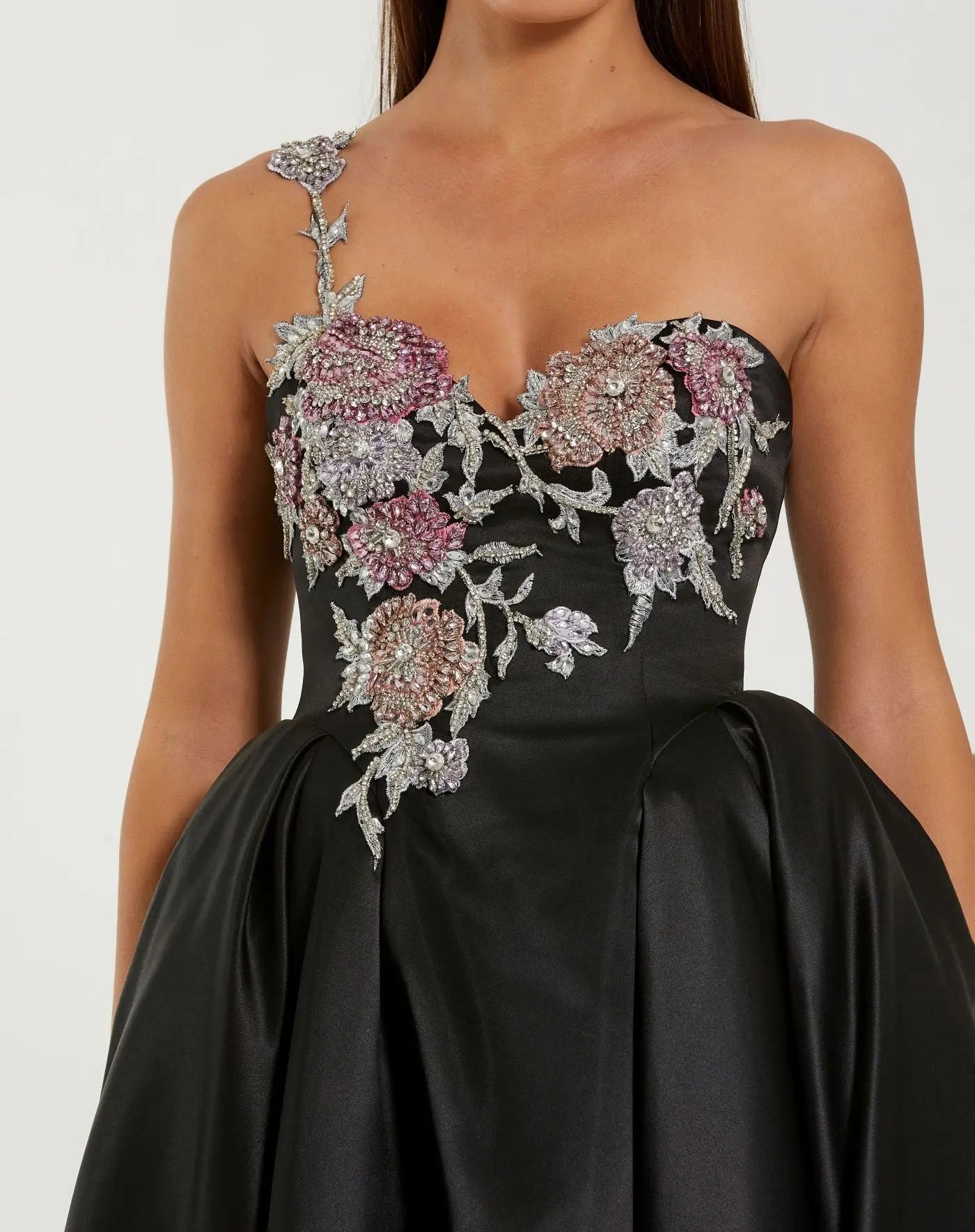 Black One Shoulder Satin Midi Dress With Beaded Flowers-Myartka