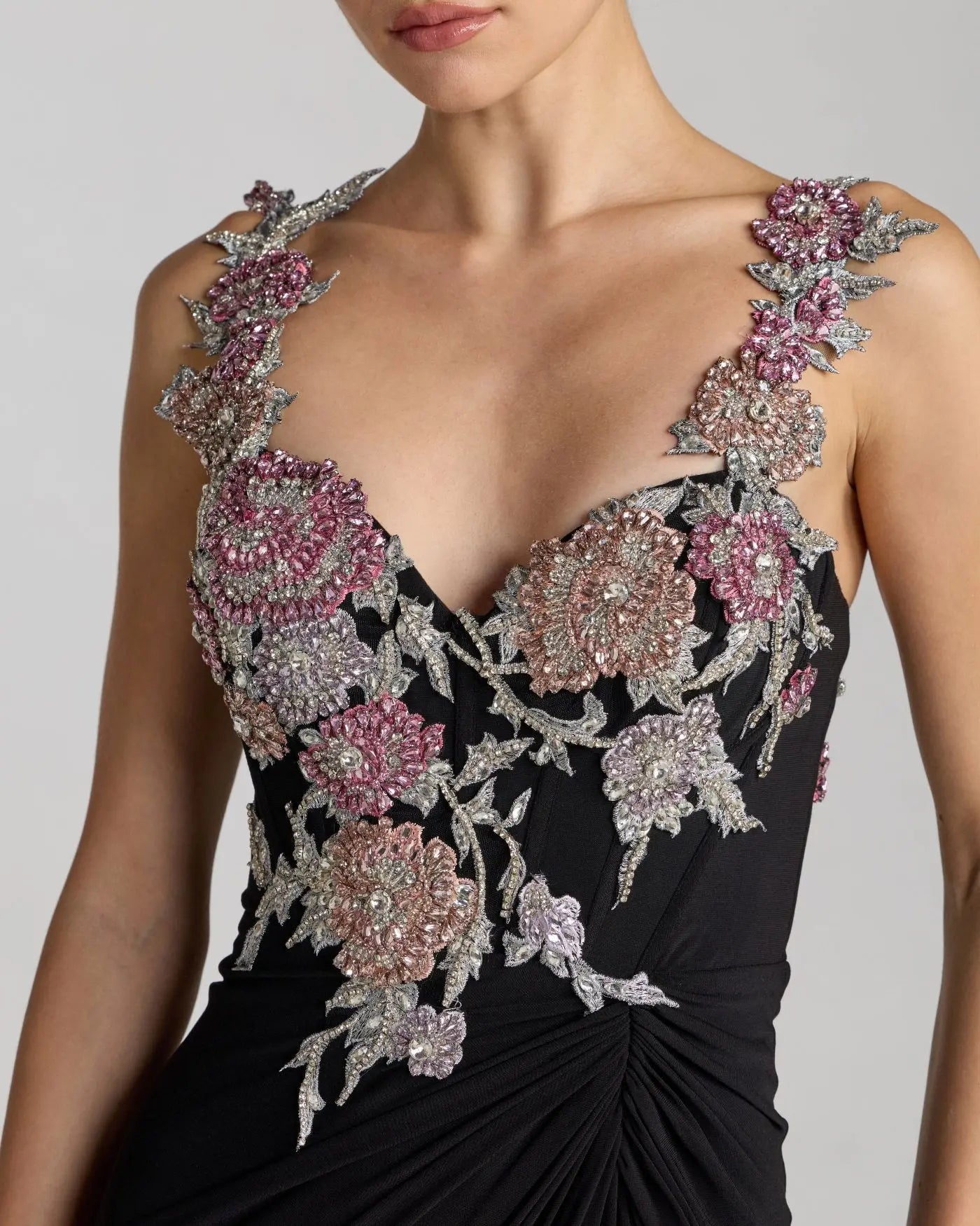Black Sweetheart Jersey Gown With Beaded Flowers-Myartka