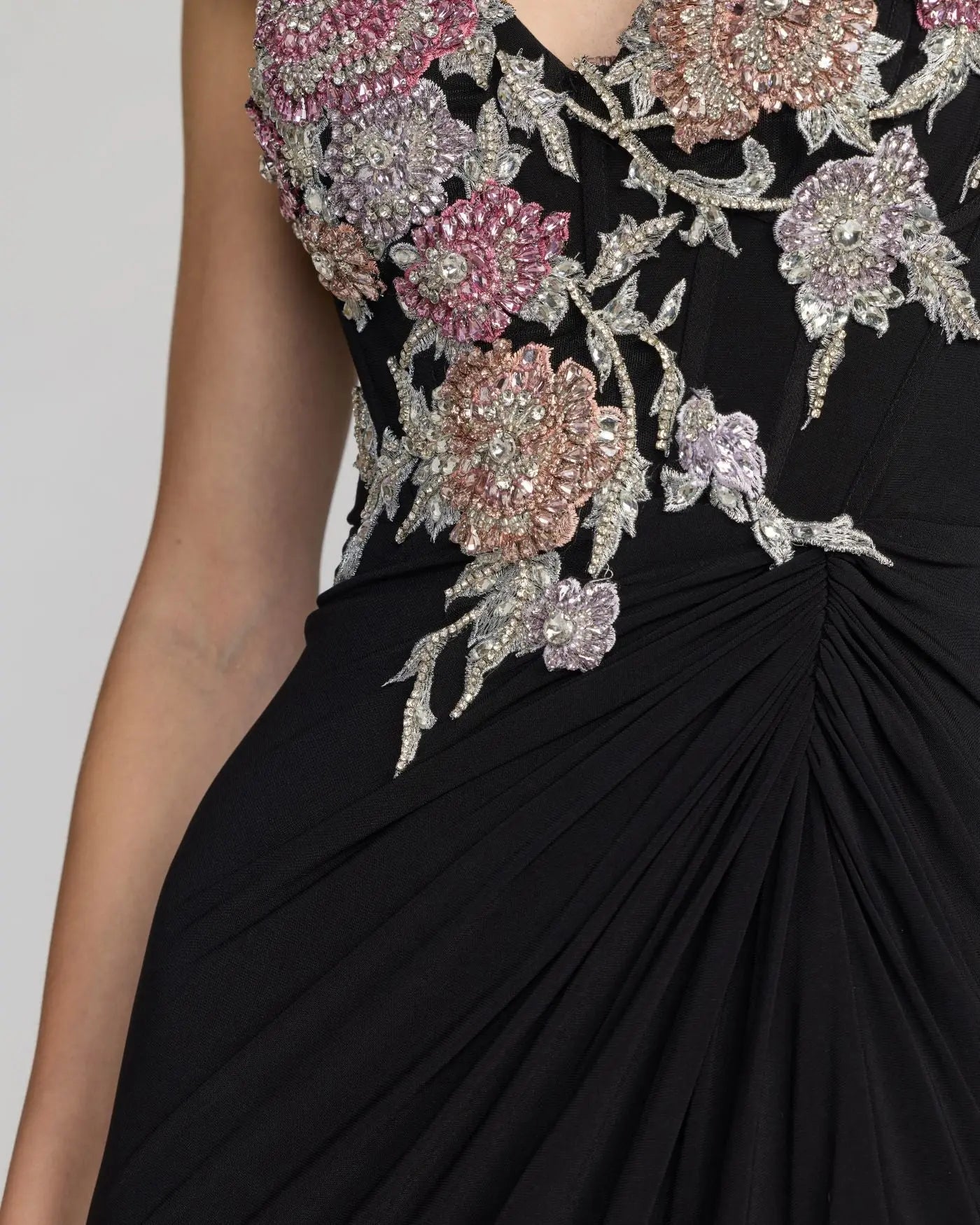 Black Sweetheart Jersey Gown With Beaded Flowers-Myartka