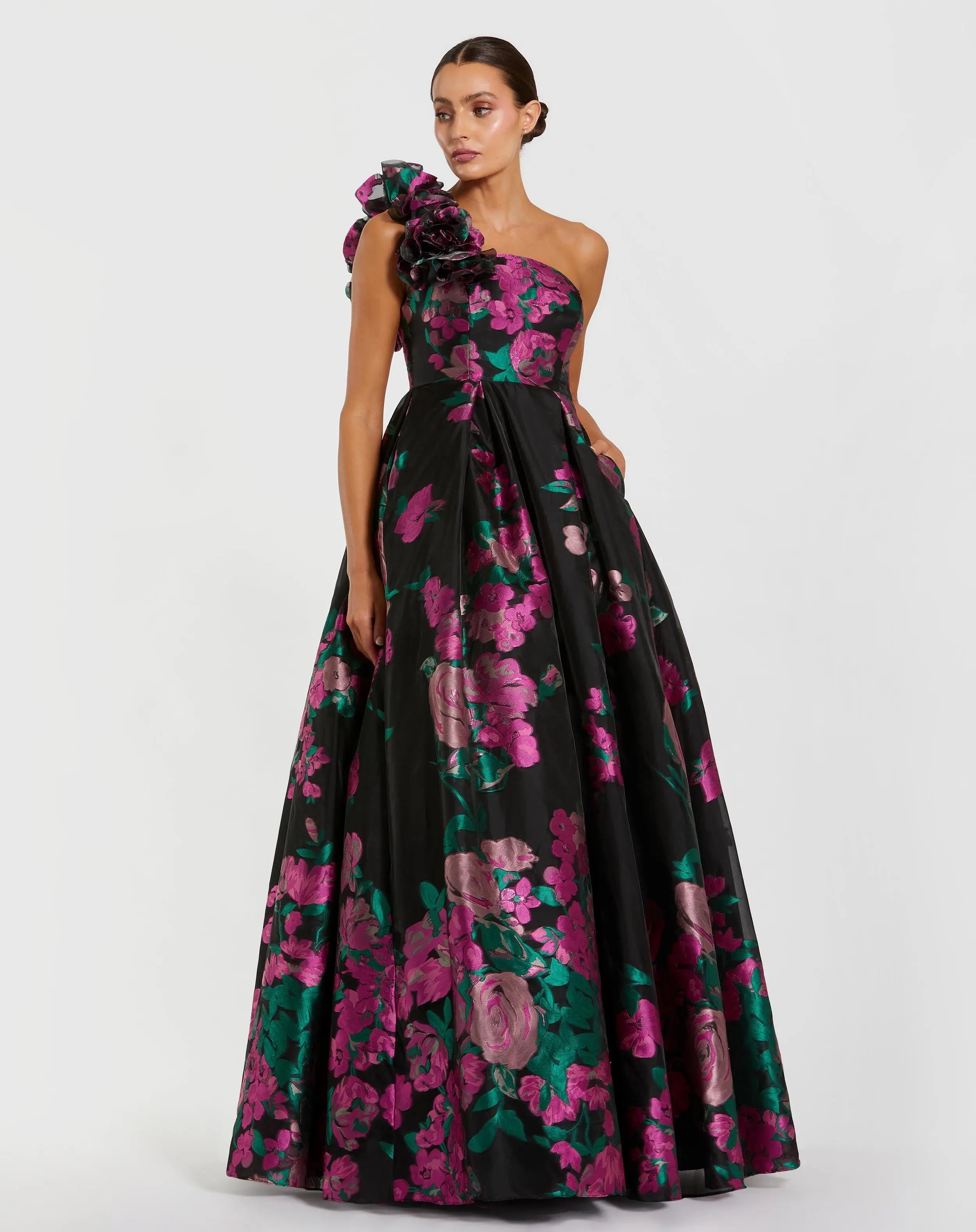 Black One Shoulder Floral Brocade Ball Gown-Myartka
