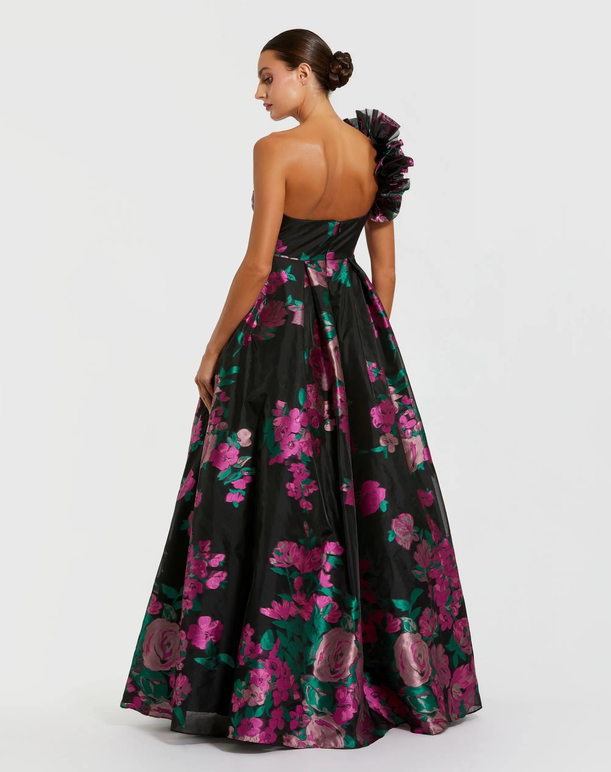 Black One Shoulder Floral Brocade Ball Gown-Myartka