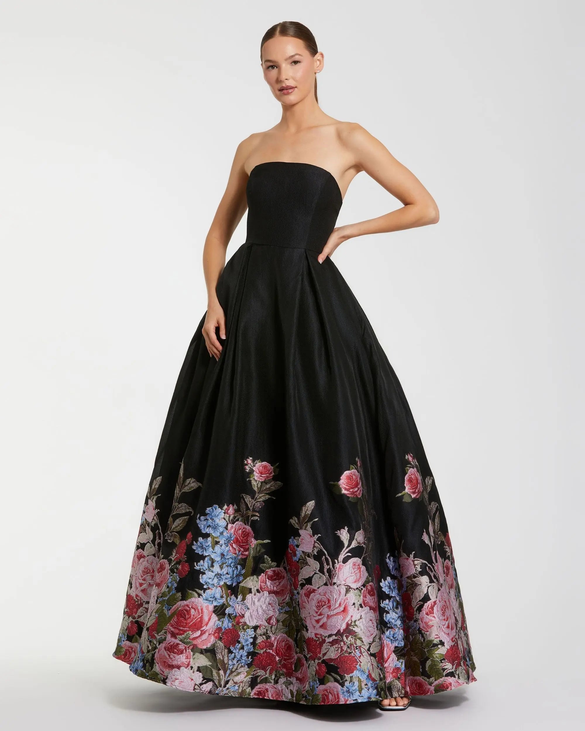 Black Strapless Floral Brocade Ballgown-Myartka