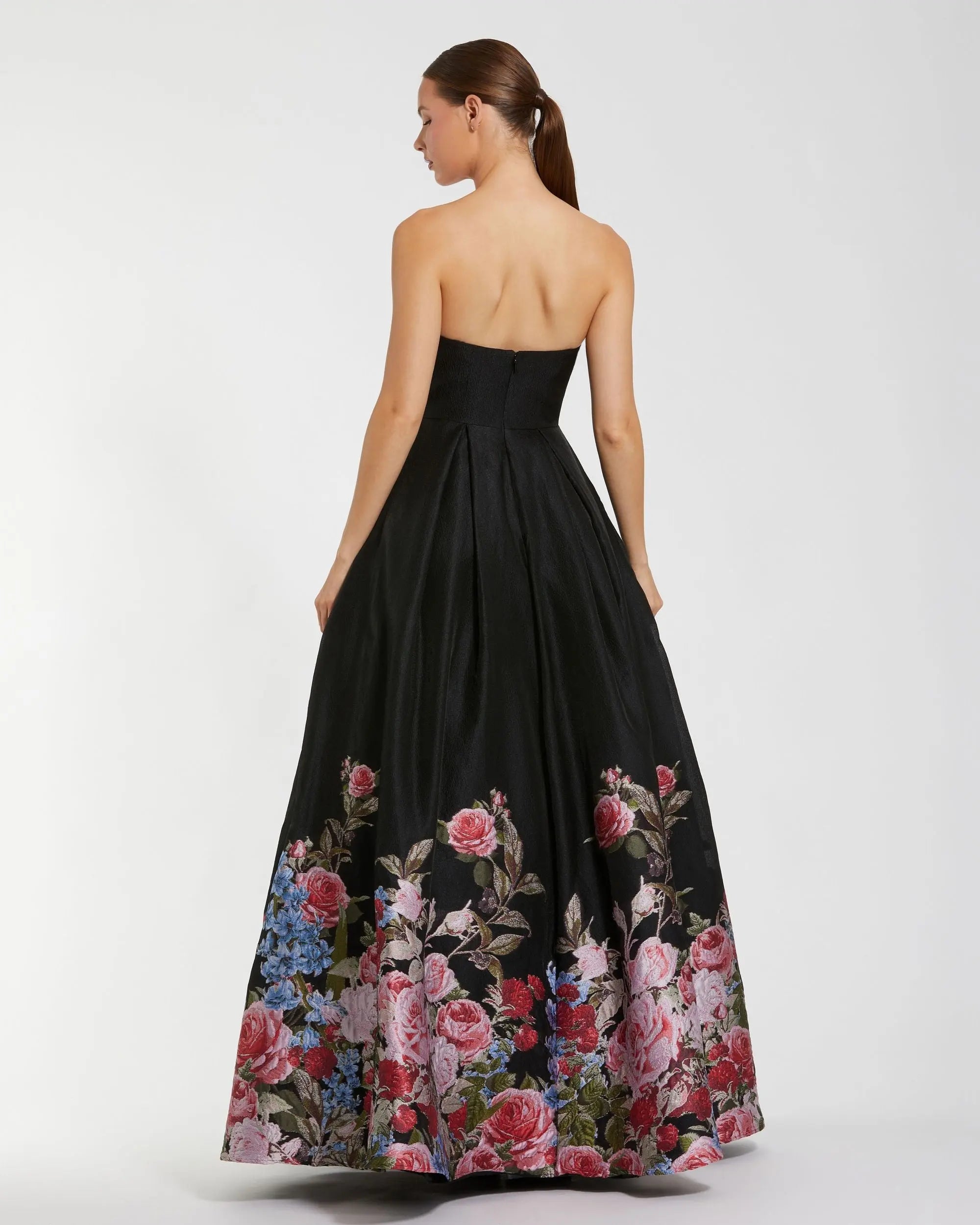 Black Strapless Floral Brocade Ballgown-Myartka