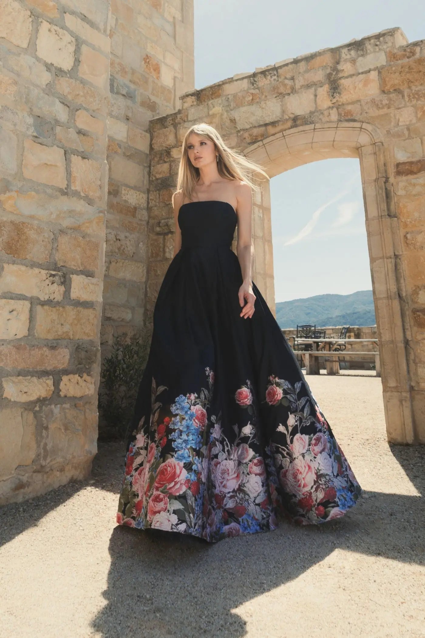 Black Strapless Floral Brocade Ballgown-Myartka