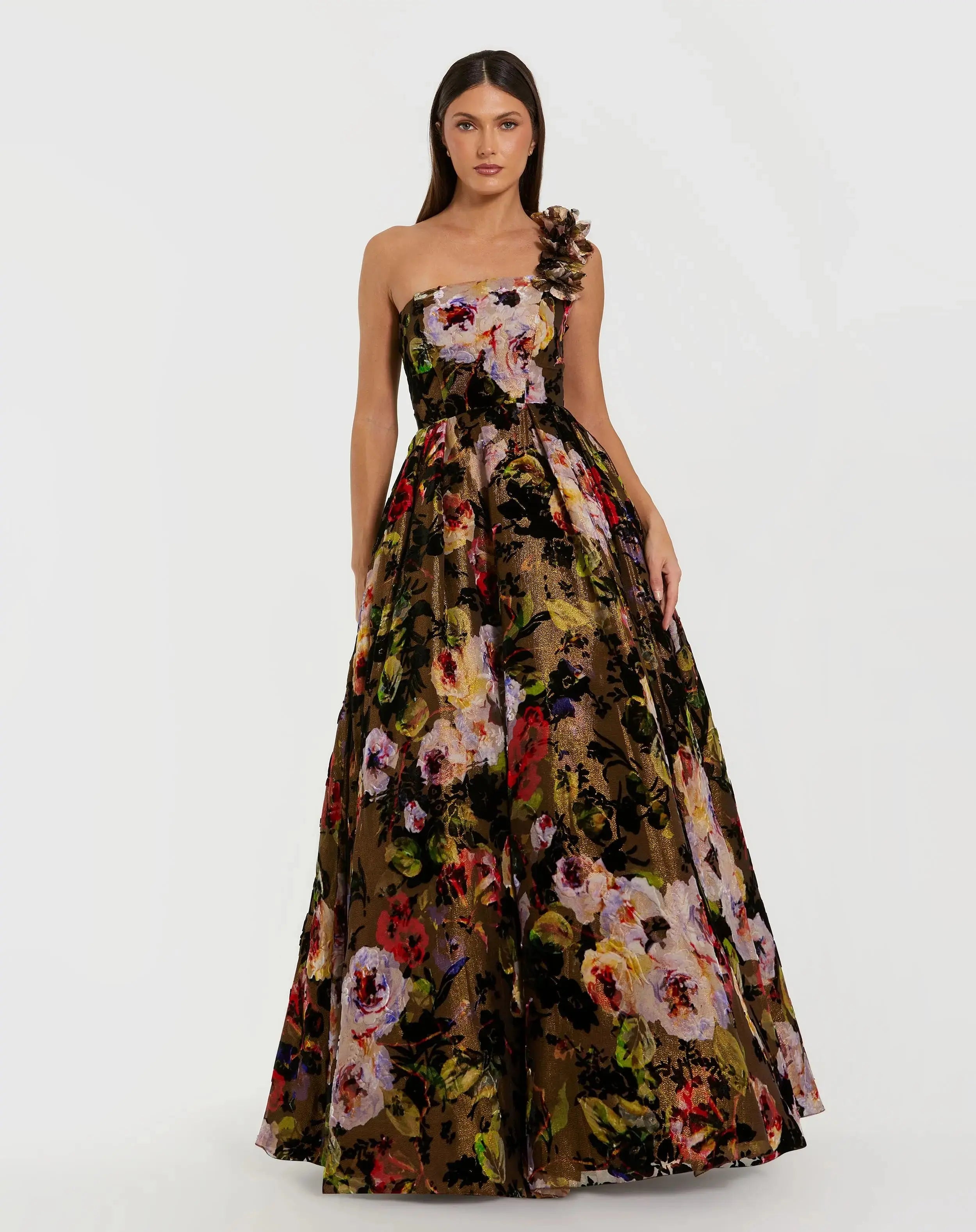 Multicolor One Shoulder Floral Velvet Ball Gown-Myartka